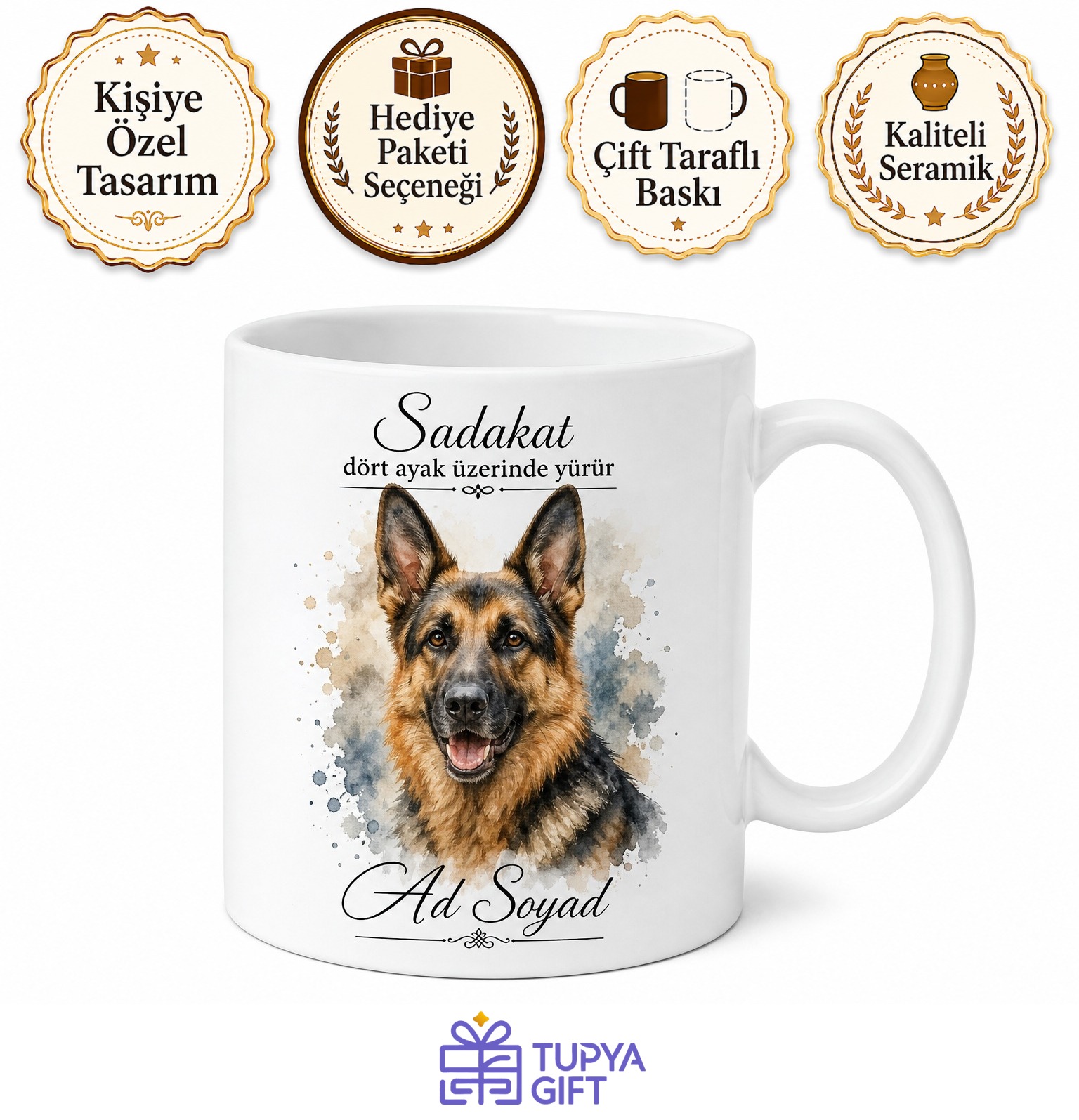 İsme Özel Alman Çoban Köpeği Desenli Kupa Bardak Hediye Porselen Mug