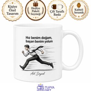 Hızlı Koşan Adam Çizimli Işık Hızında İş Yapan Çalışkan Kupa Bardak Hediye