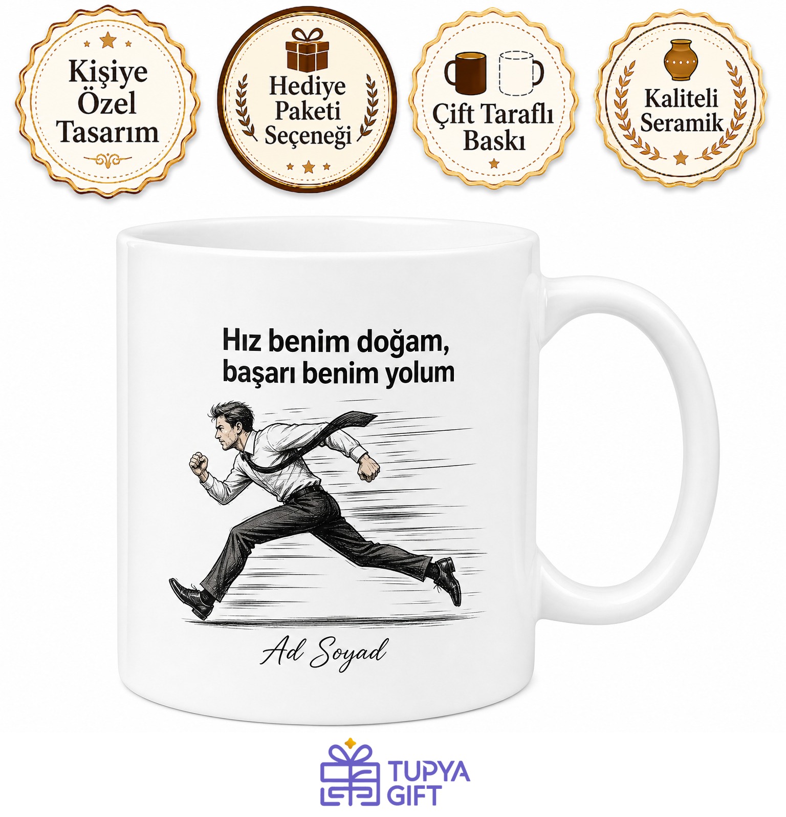 Hızlı Koşan Adam Çizimli Işık Hızında İş Yapan Çalışkan Kupa Bardak Hediye