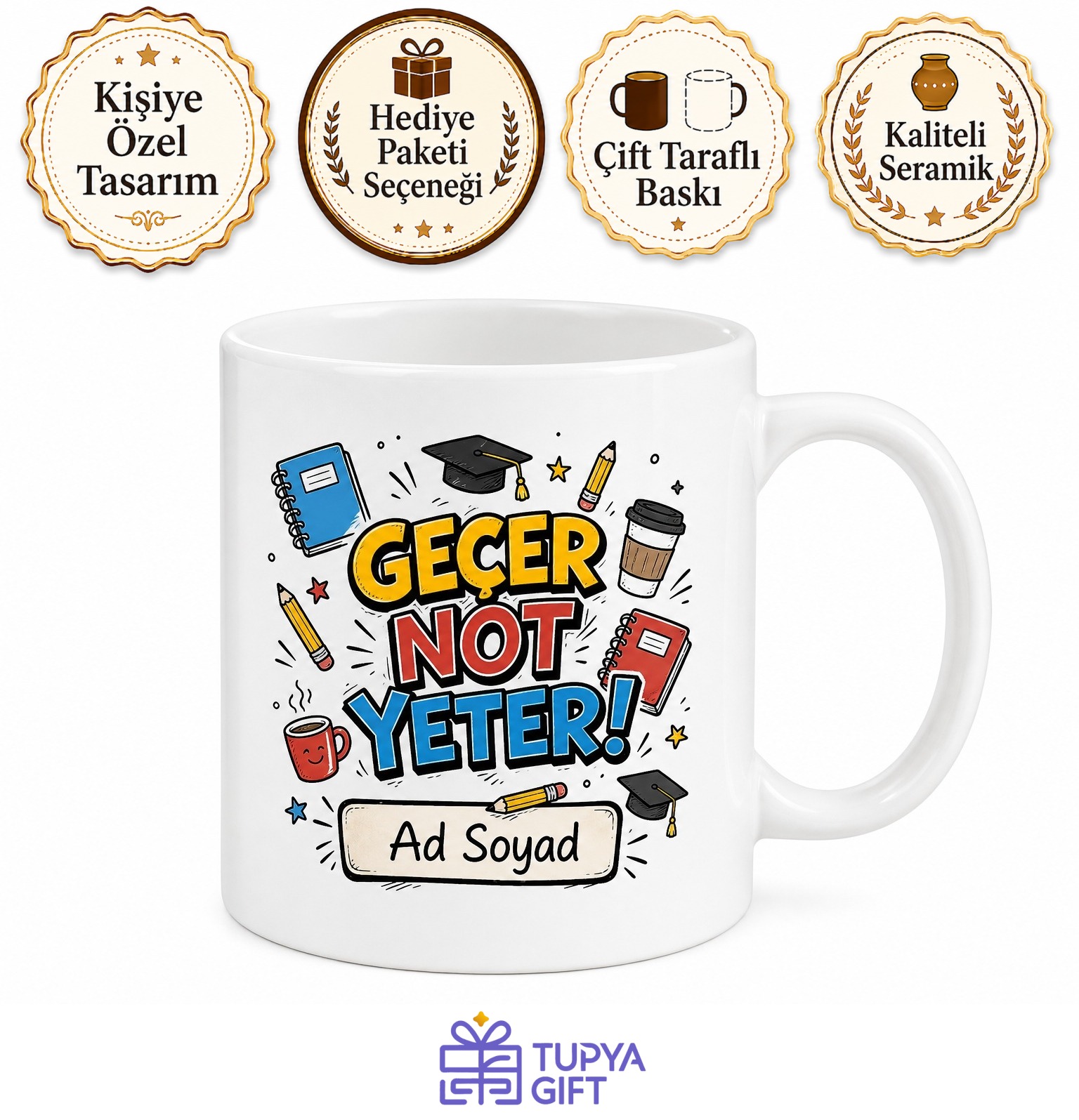 Geçer Not Yeter Yazılı Komik Öğrenci Kupası Hediye Bardak Özel Tasarım