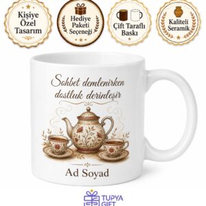 Çaydanlık ve Fincan Çizimli Sohbetin Demlendiği Dostluk Kupası Hediye Bardak
