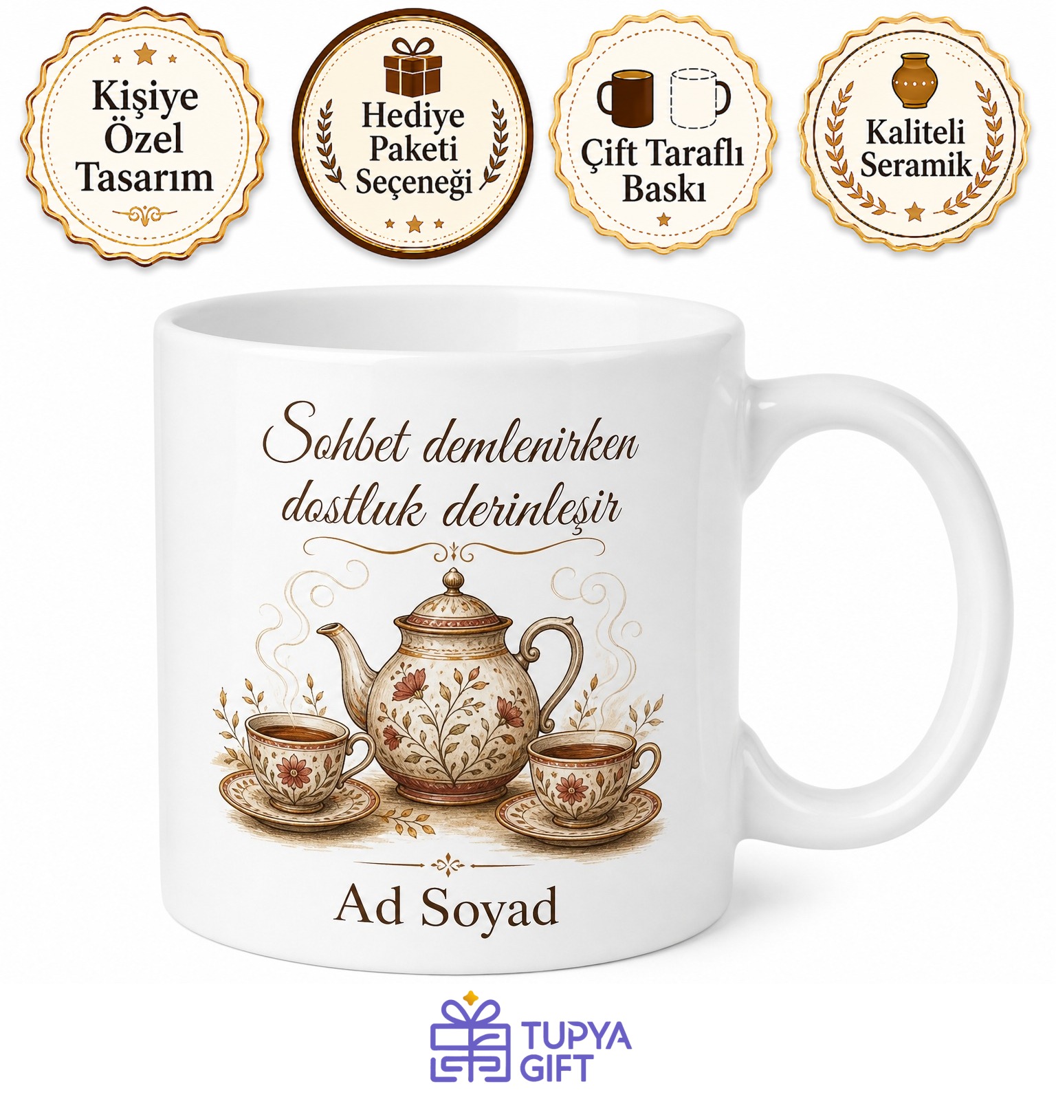 Çaydanlık ve Fincan Çizimli Sohbetin Demlendiği Dostluk Kupası Hediye Bardak