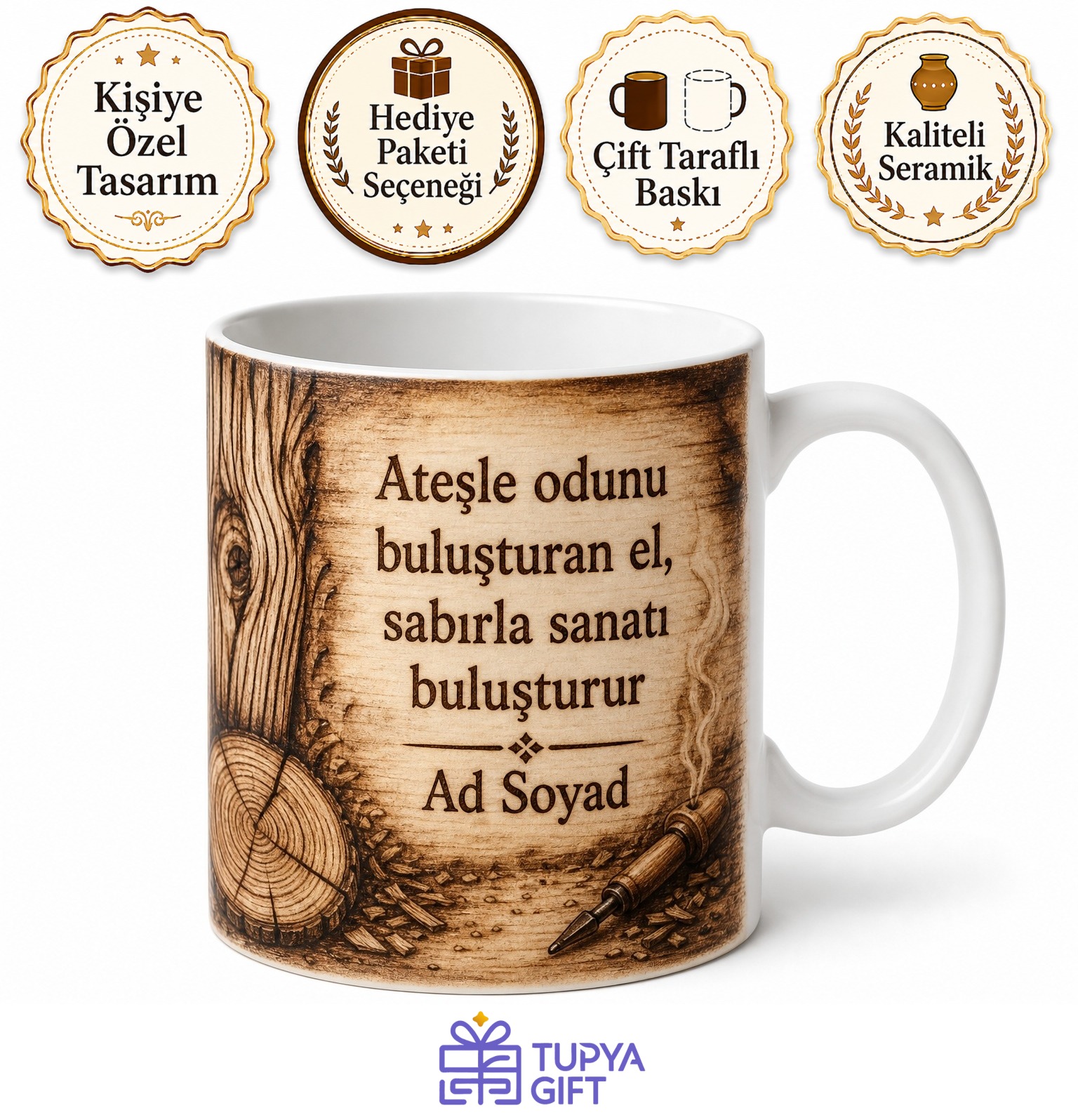 Ahşap Yakma Sanatı Yapanlara Özel Talaş Kokulu Rustik Kupa Bardak Hediye