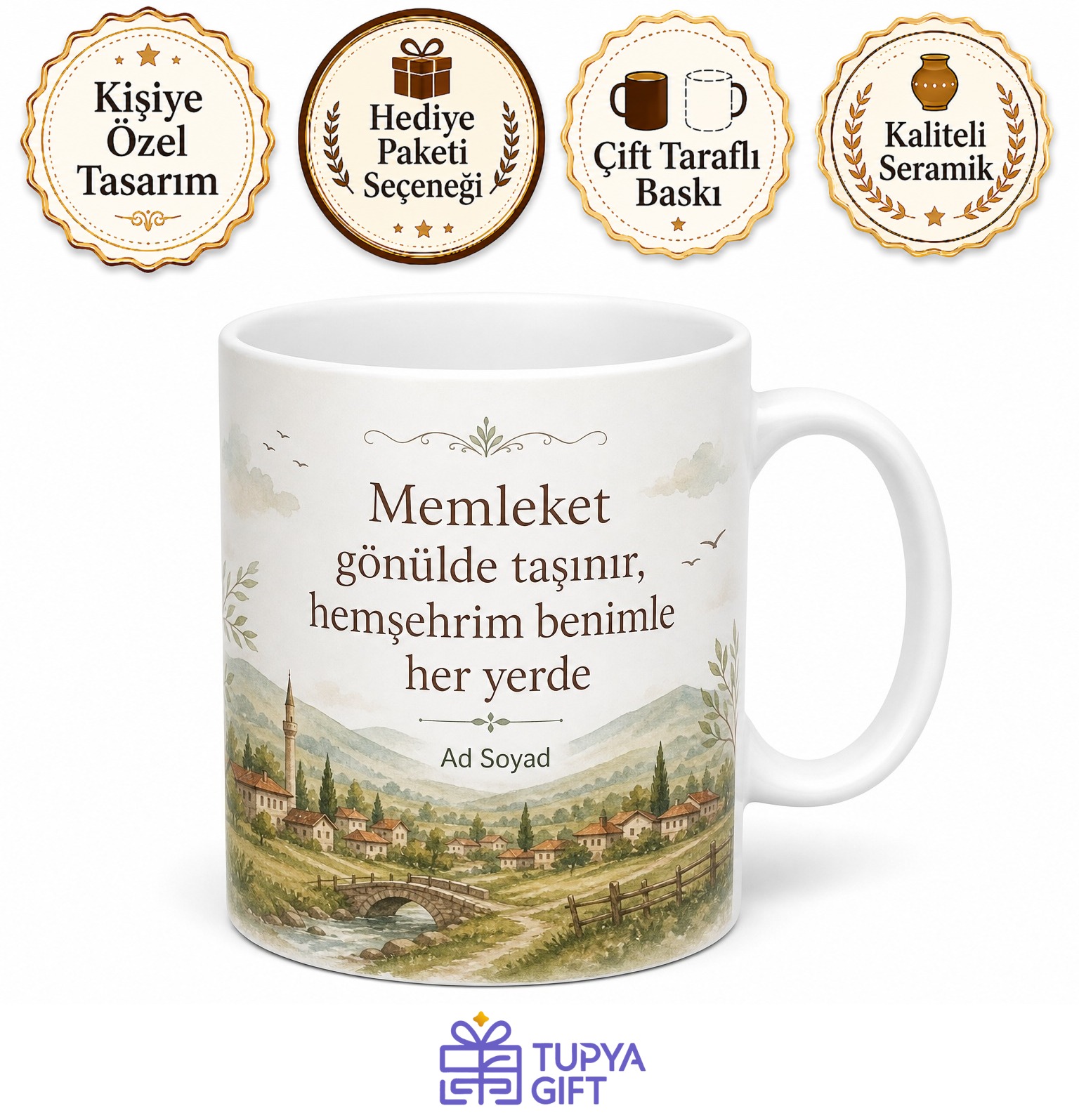 Kişiye Özel Hemşehrime Hediye Baskılı Kupa Bardak İsimli Porselen