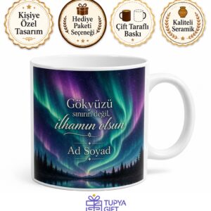 Kuzey Işıkları Aurora Çizimli Renkli Büyüleyici Görsel Kupa Bardak Hediye