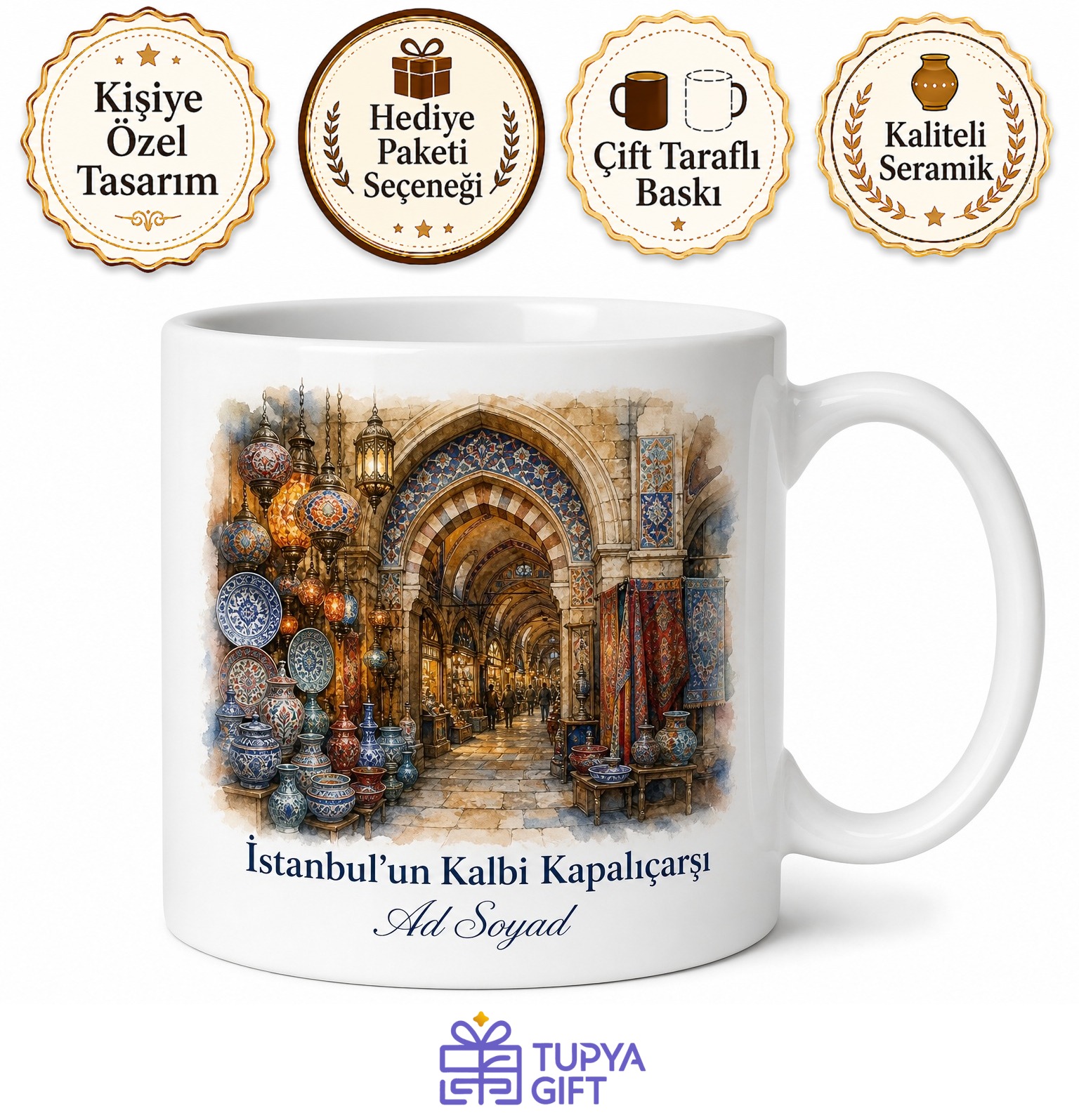 Kapalıçarşı Temalı İstanbul Kupası Baskılı Porselen Kupa Bardak Hediye
