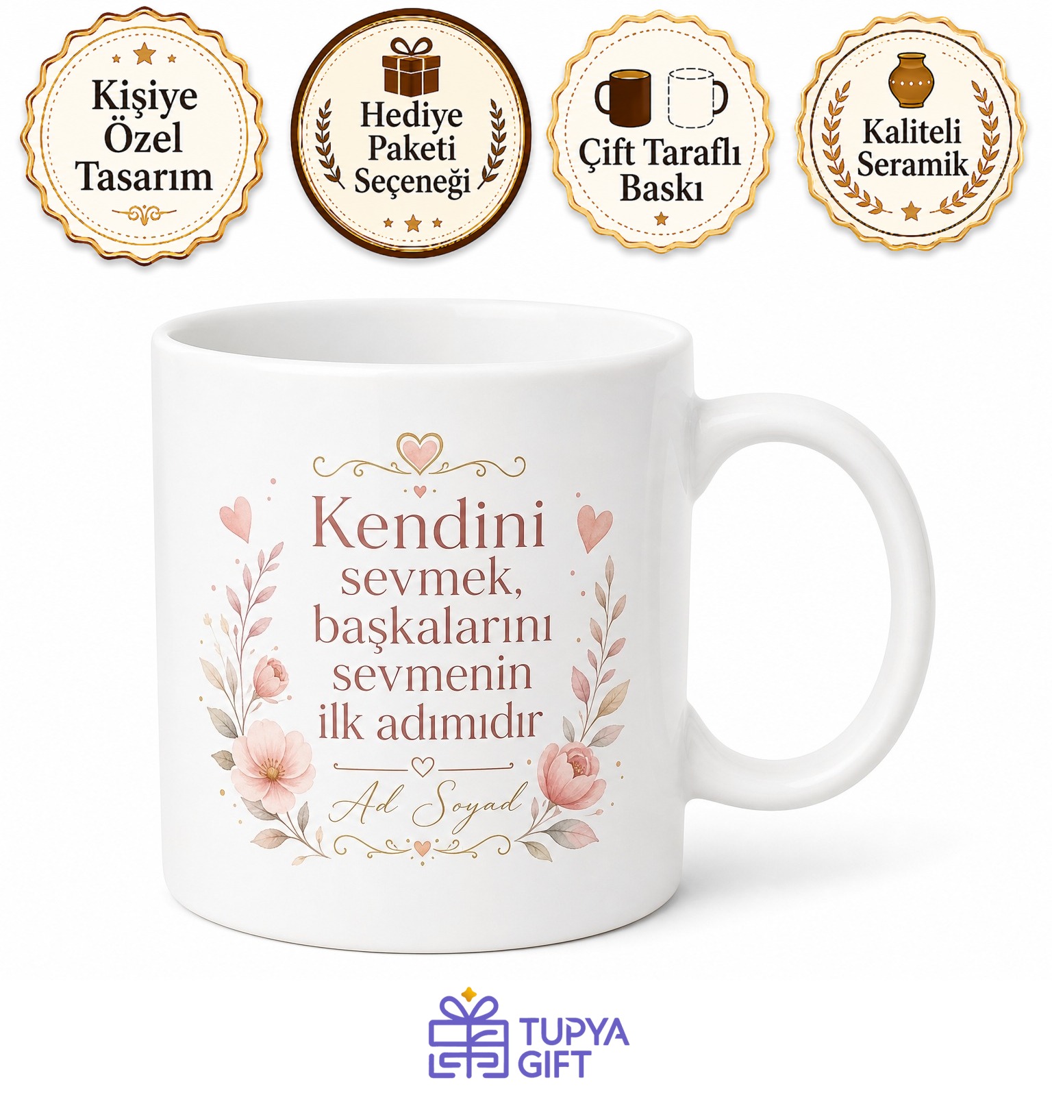 Kendini Sev Yazılı Baskılı Kupa Bardak Motivasyon Hediye Özel Tasarım