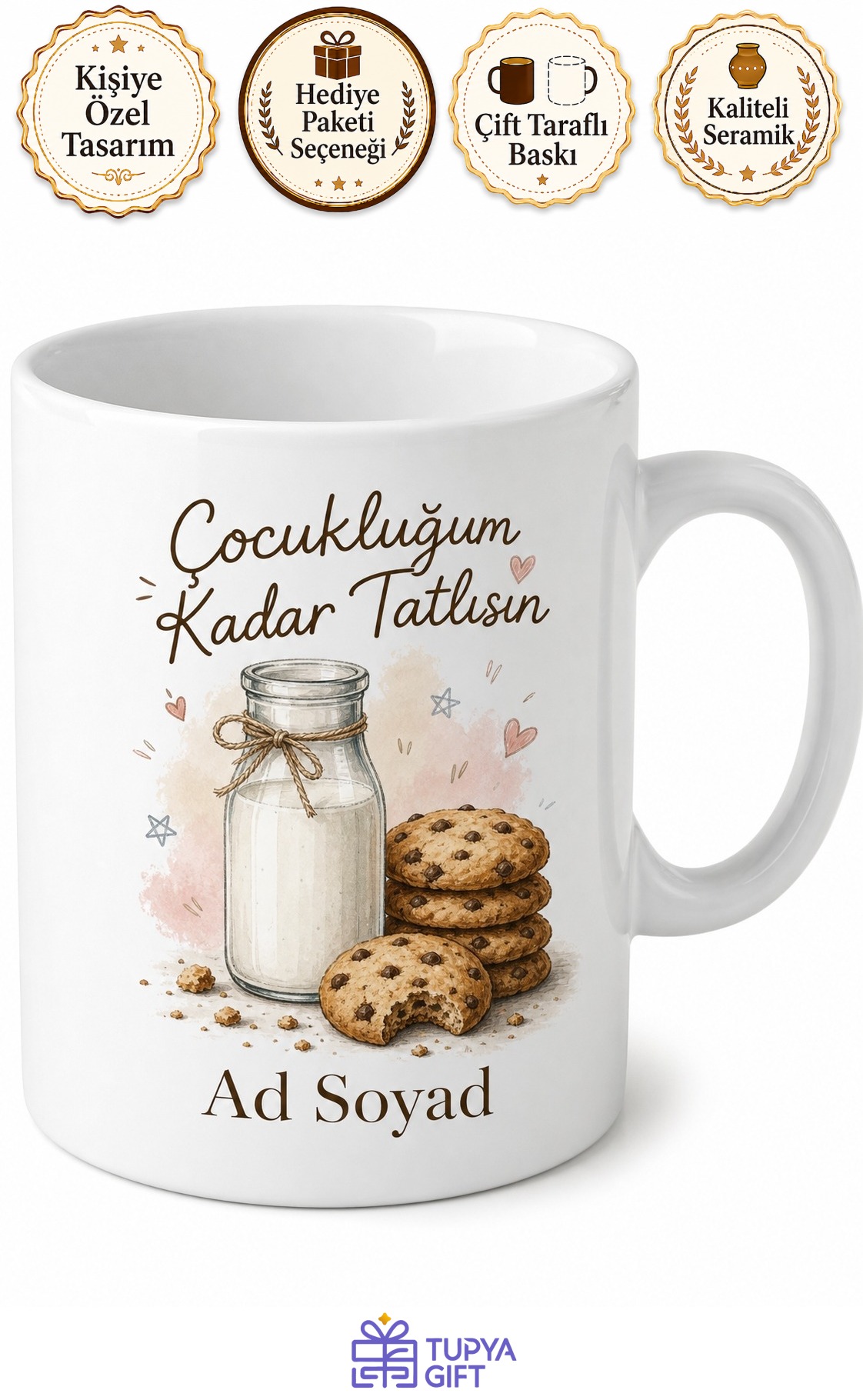 Süt Şişesi ve Kurabiye Çizimli Nostaljik Çocukluk Anıları Kupa Bardak Hediye