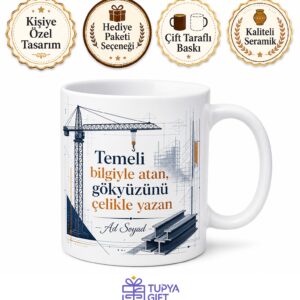 İsimli Vinç Desenli İnşaat Mühendisi Kupası Hediye Bardak Özel Tasarım
