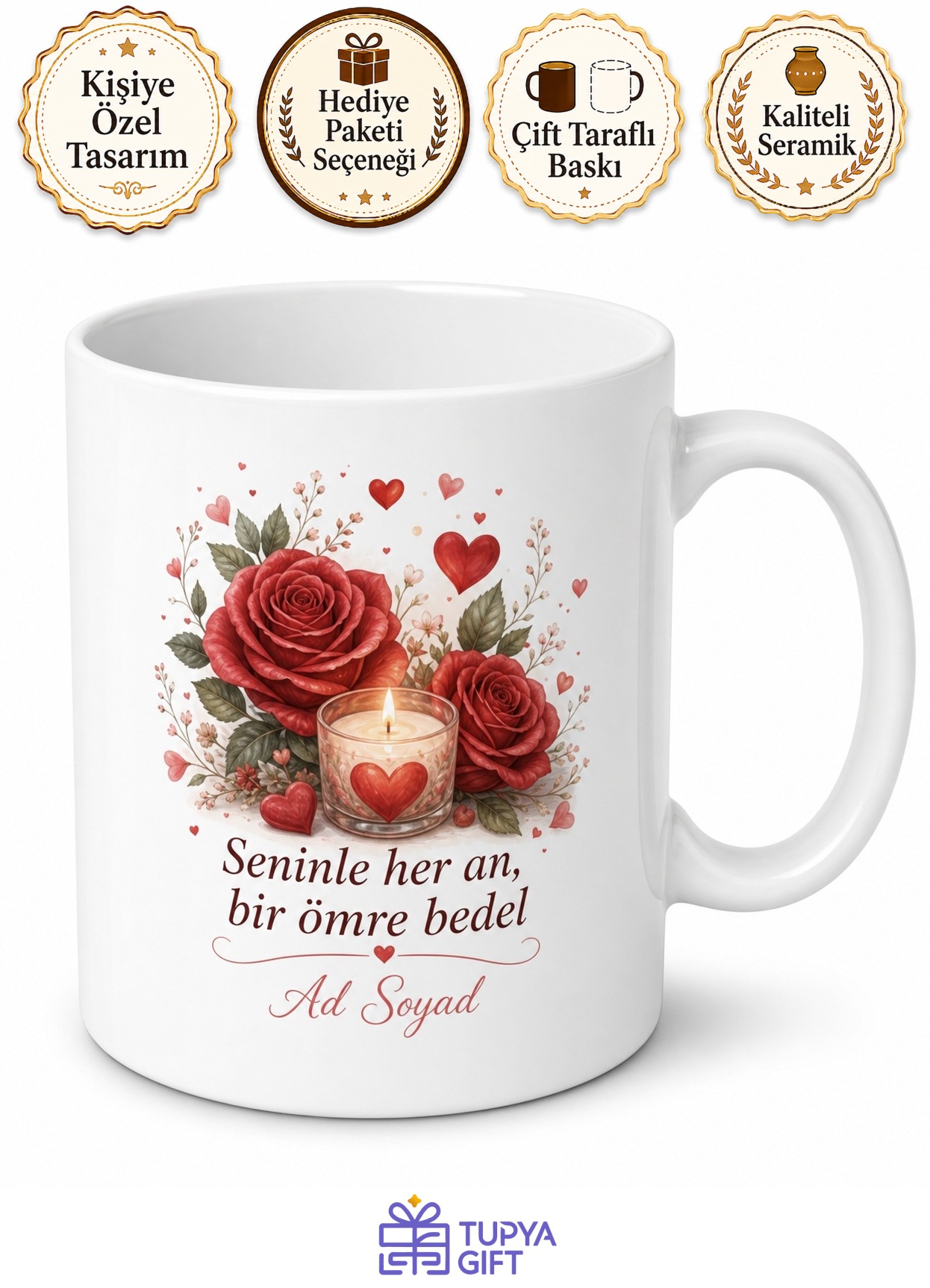 Romantik Kalp Gül Mum Işığı Duygusal Aşk Kupa Bardak Sevgiliye Hediye