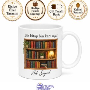 Kitap Rafı Temalı Baskılı Kupa Bardak Hediye Kitap Kurdu Özel Tasarım Porselen