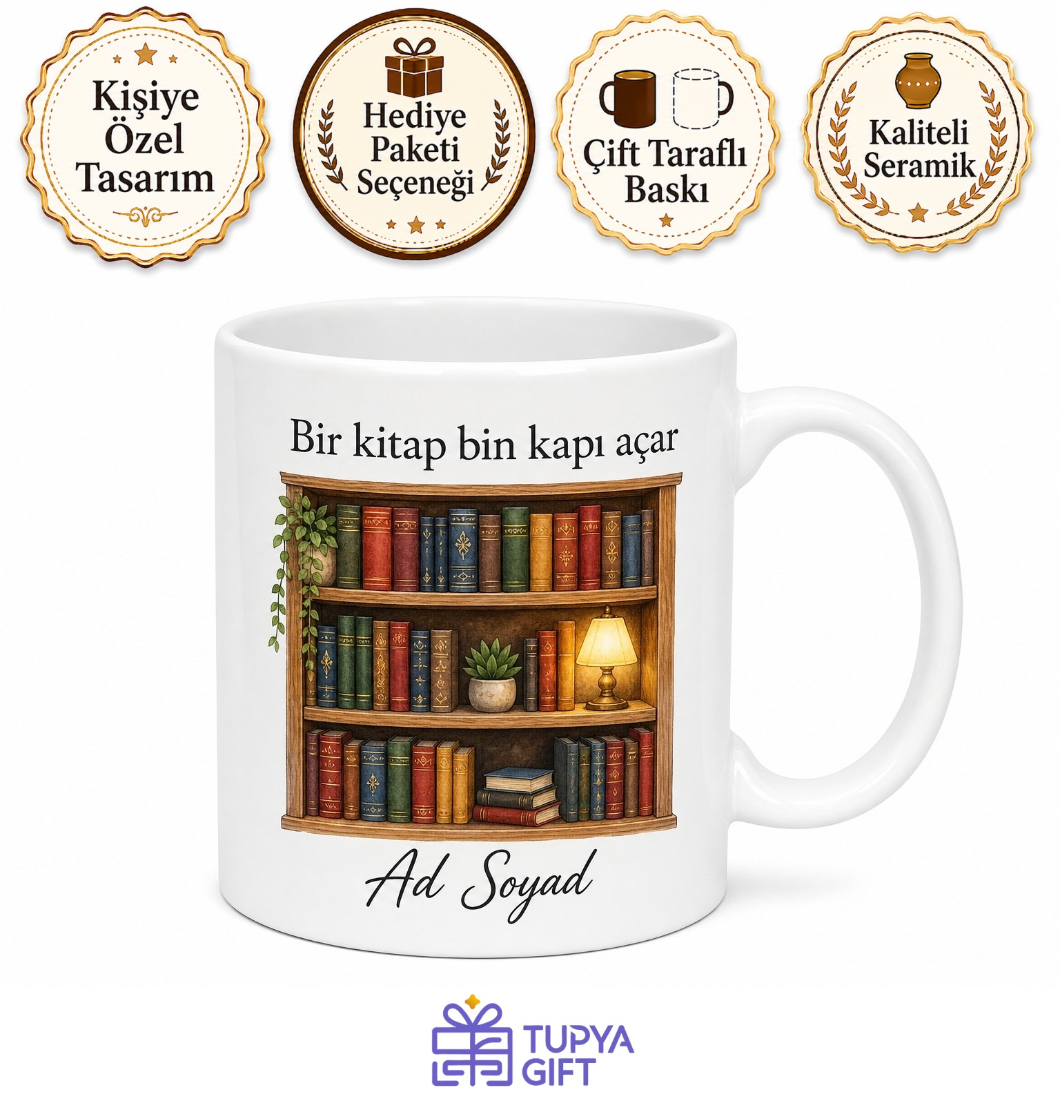 Kitap Rafı Temalı Baskılı Kupa Bardak Hediye Kitap Kurdu Özel Tasarım Porselen