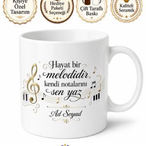 Melodi Temalı Baskılı Kupa Bardak Hediye Müzik Severlere Özel Tasarım