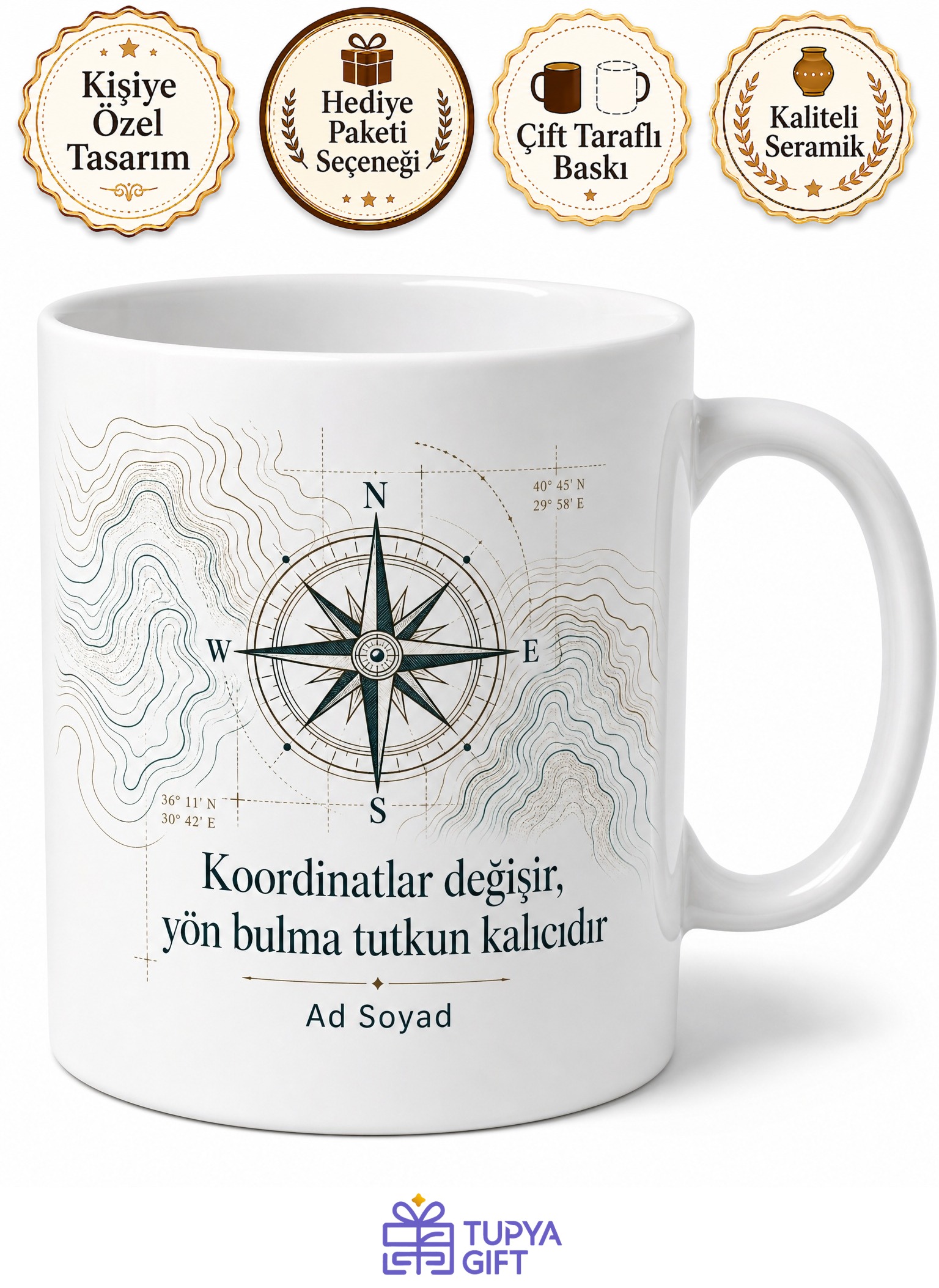 Harita Mühendisine Yön Bulma Temalı Özel Çay Kahve Kupası Hediye Bardak