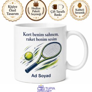 Tenis Raketi ve Topu Çizimli Kortların Yıldızı Sporcu Hediyesi Kupa Bardak