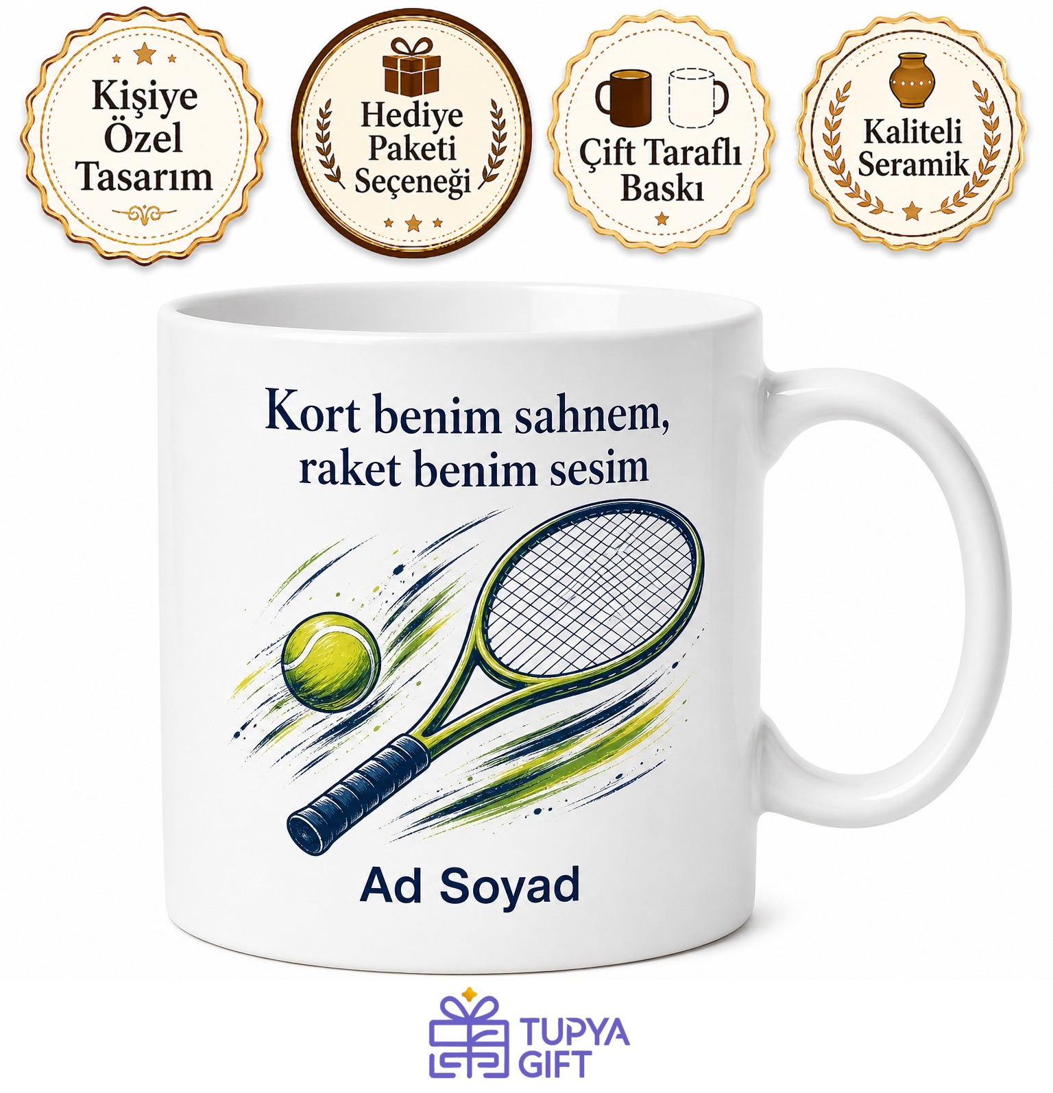 Tenis Raketi ve Topu Çizimli Kortların Yıldızı Sporcu Hediyesi Kupa Bardak