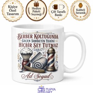 Berber Temalı Kupa Bardak Tıraş Fırçası Ustura Mahalle Berberi Hediye