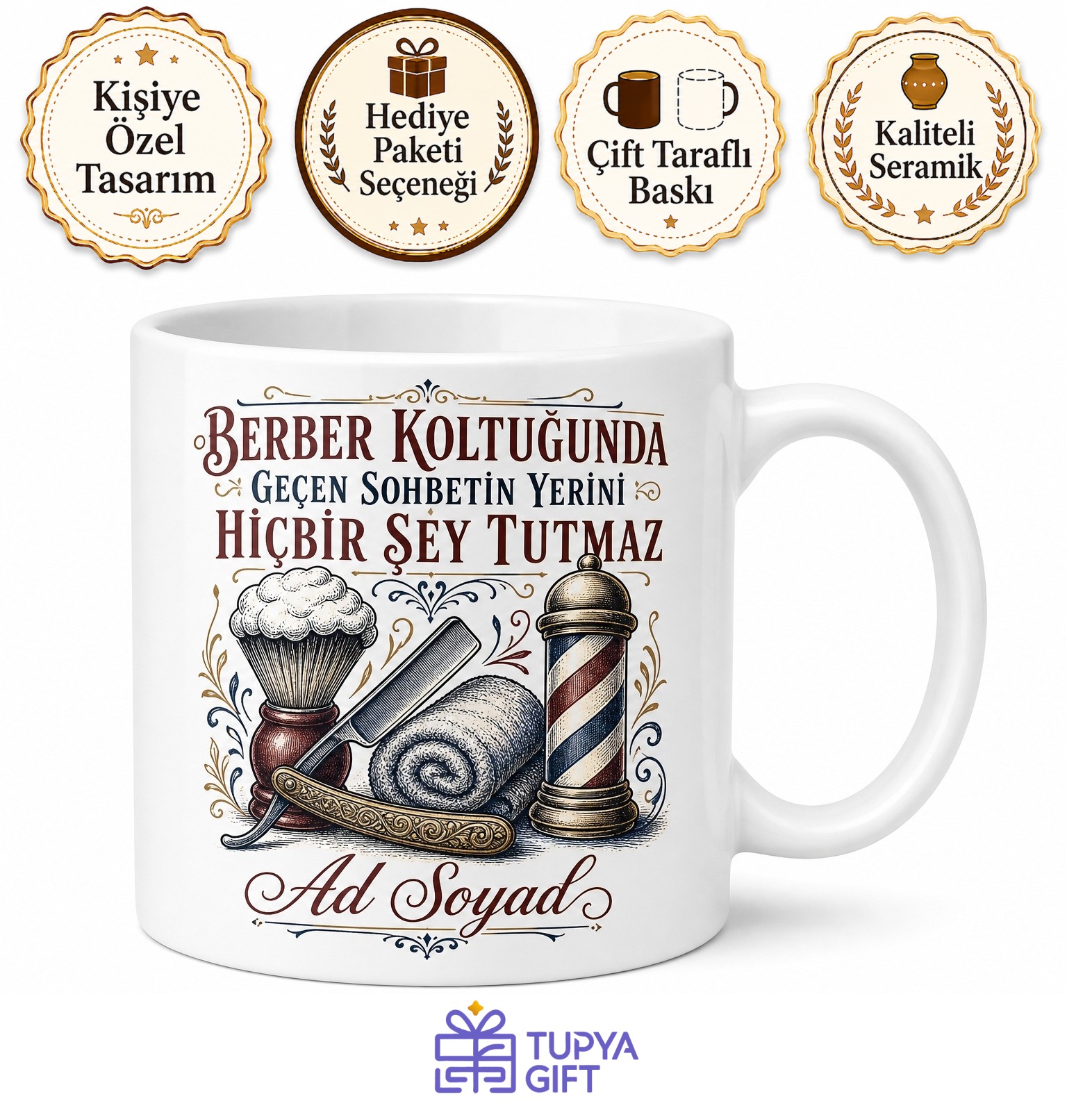 Berber Temalı Kupa Bardak Tıraş Fırçası Ustura Mahalle Berberi Hediye