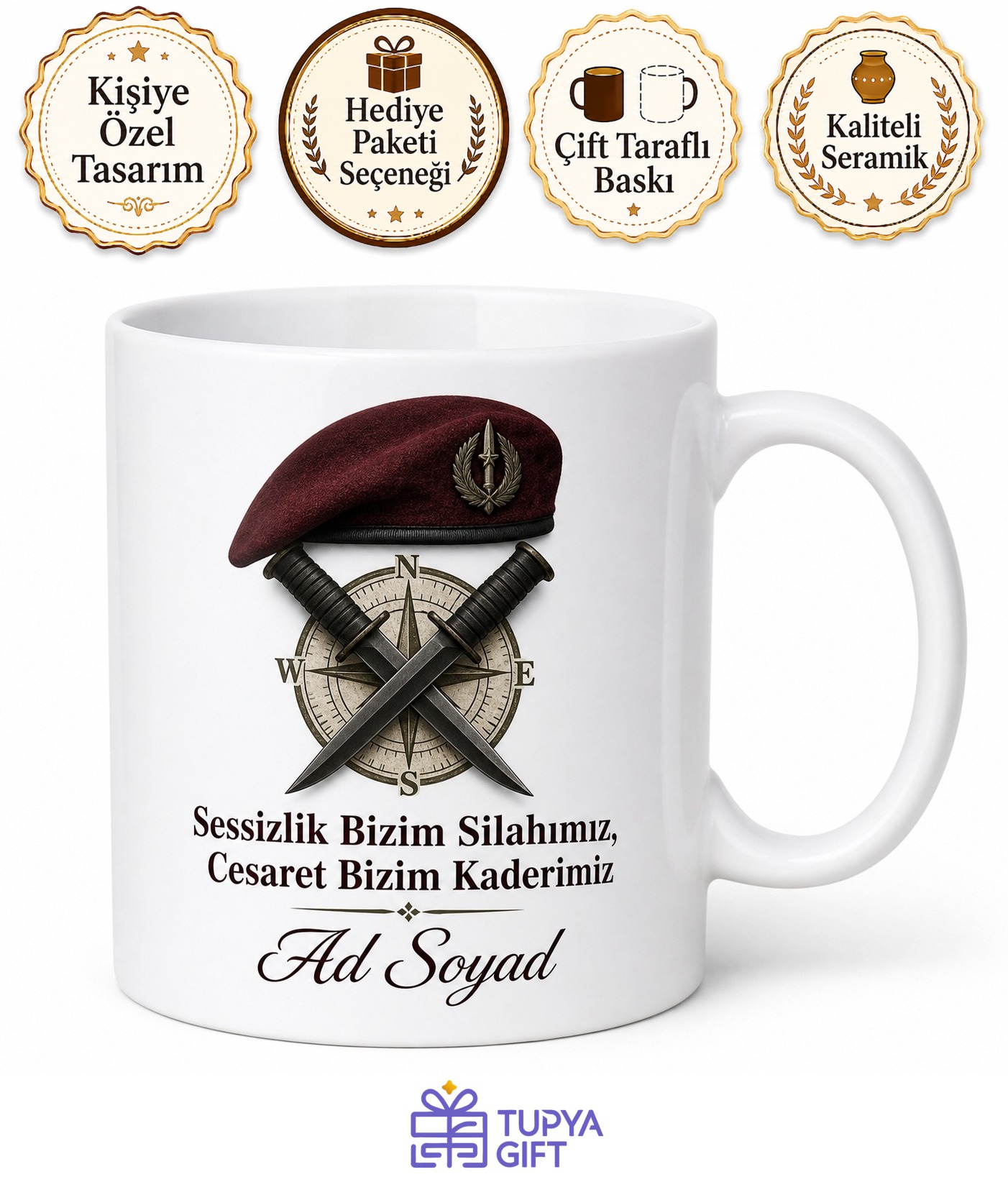Bordo Bereli Askere Özel Operasyon Gizlilik ve Cesaret Temalı Kupa Bardak Hediye