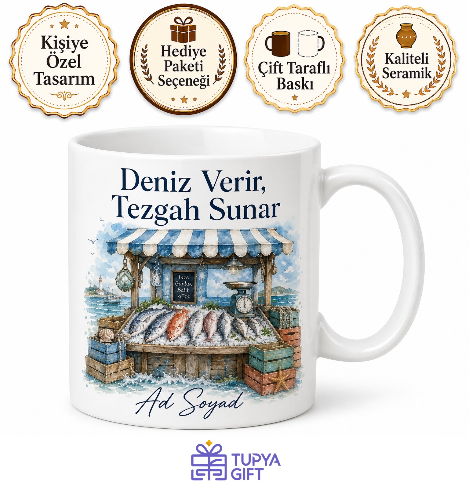 Balıkçı Tezgahı Temalı Baskılı Kupa Bardak Hediye Porselen Mug