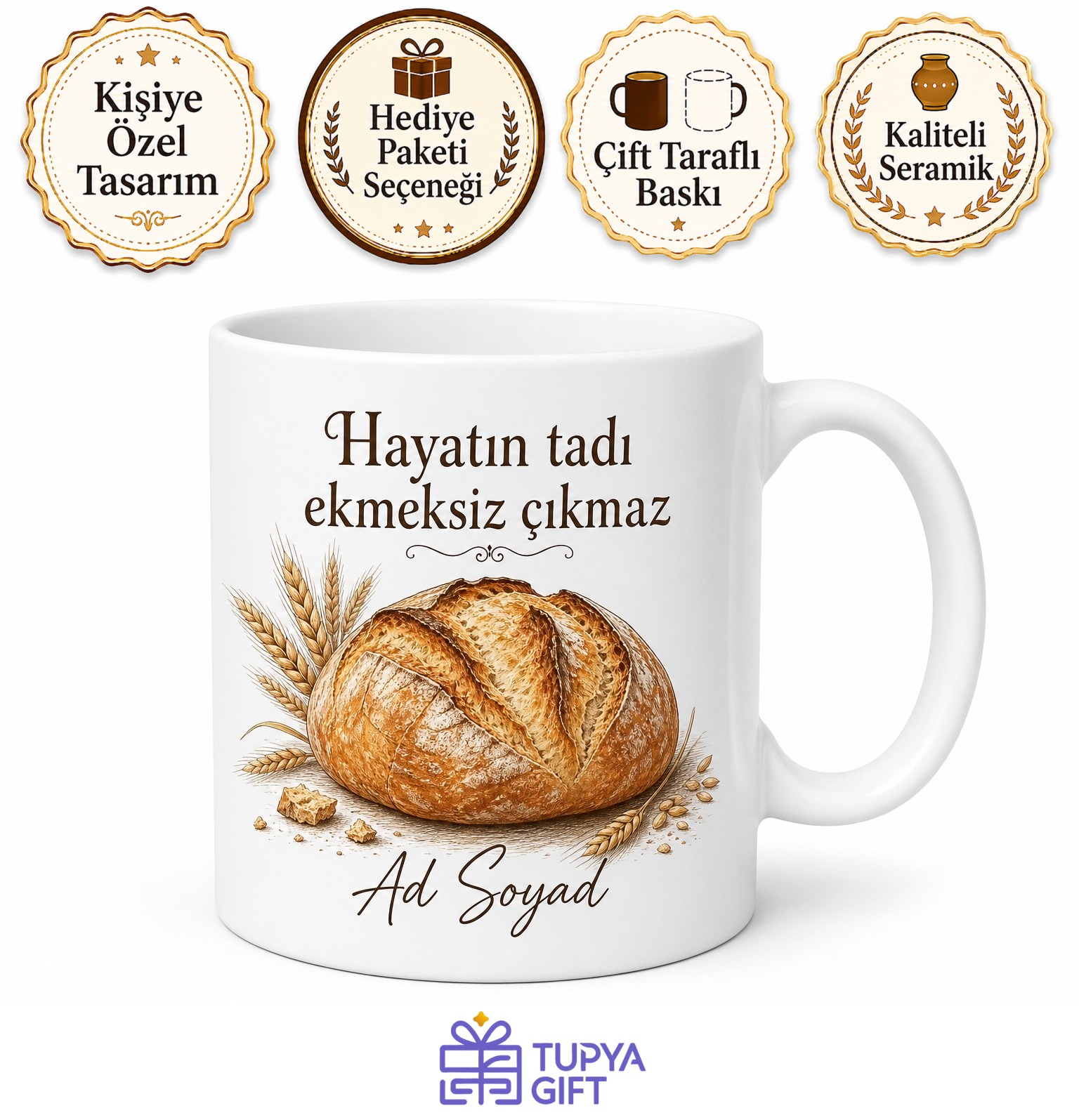 Somun Ekmek Temalı Baskılı Kupa Bardak Hediye Ekmek Severler İçin Özel Tasarım