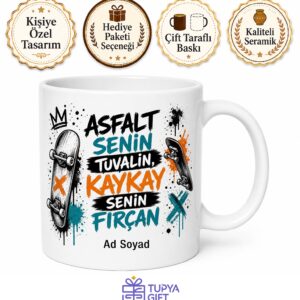 Kaykay Çizimli Sokak Kültürü Kupa Bardak Gençlere Özel Hediye Skate Tasarım