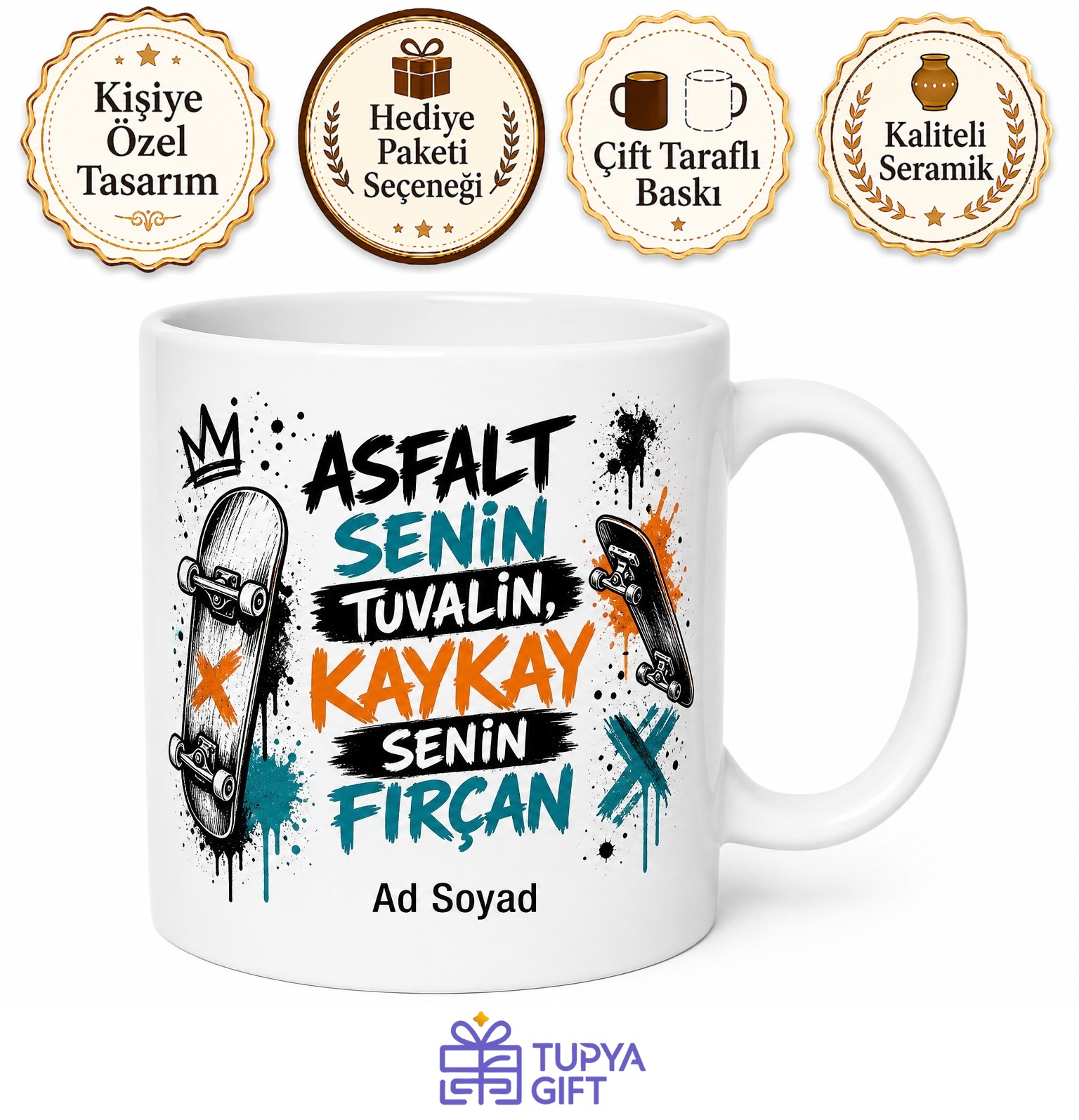 Kaykay Çizimli Sokak Kültürü Kupa Bardak Gençlere Özel Hediye Skate Tasarım