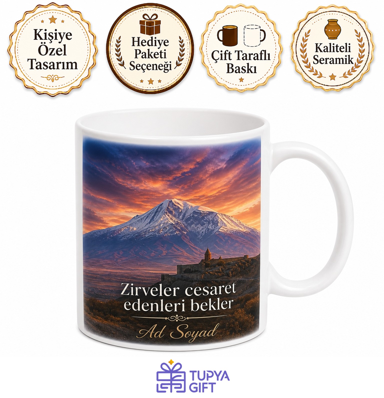 Ağrı Dağı Temalı Baskılı Kupa Bardak Hediye Özel Tasarım Porselen Mug