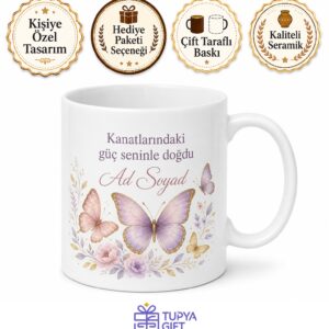 Kelebek Desenli Zarif Şık Kadınlara Özel Kupa Bardak Hediye