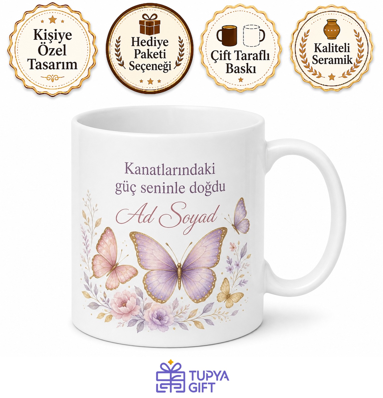 Kelebek Desenli Zarif Şık Kadınlara Özel Kupa Bardak Hediye