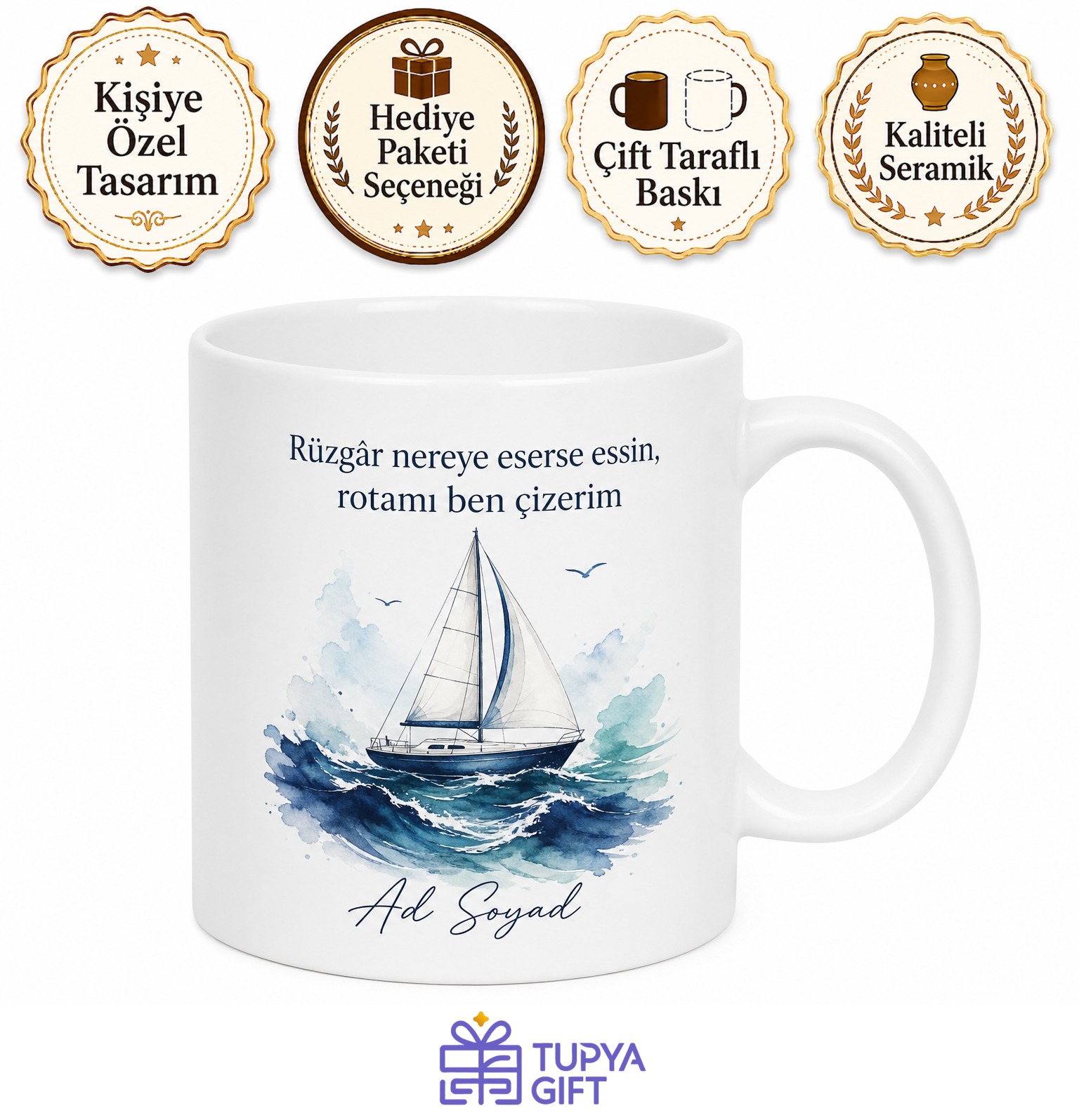 Tekne Temalı Baskılı Kupa Bardak Denizci Hediye Porselen Mug