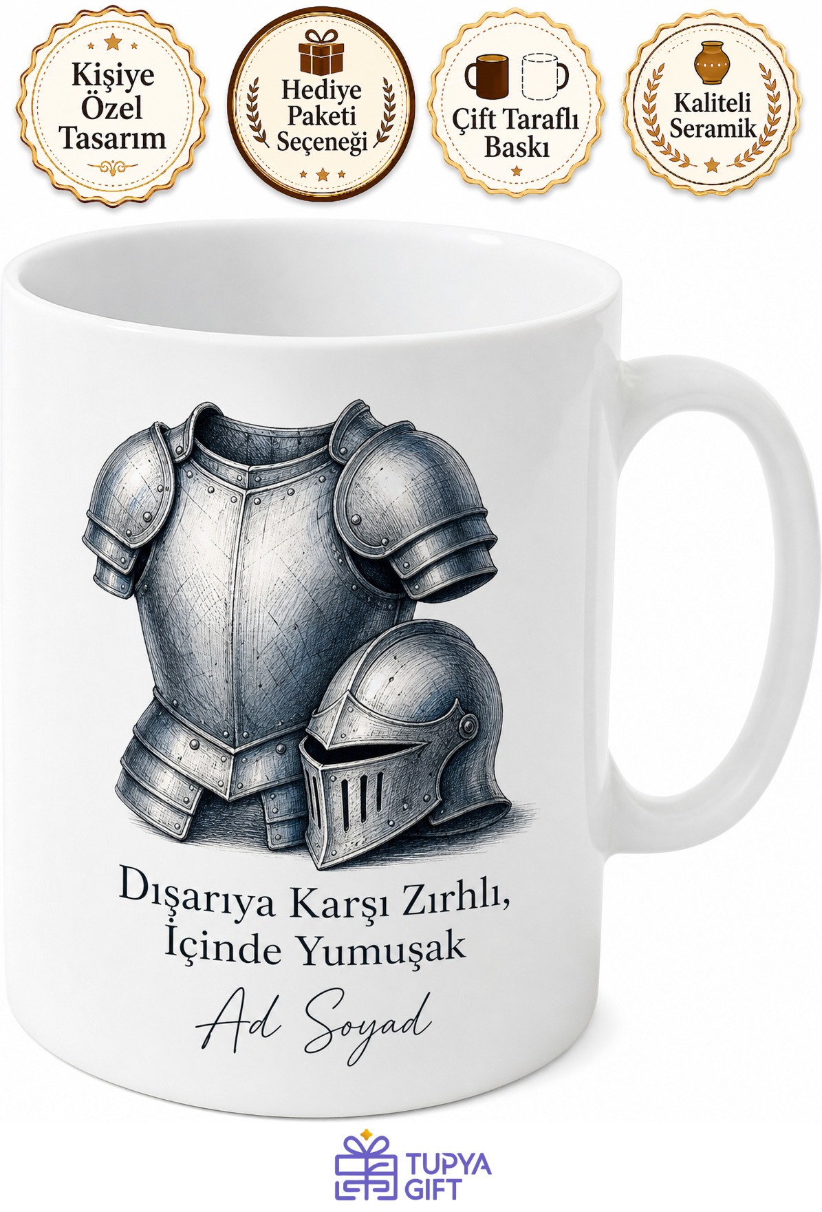 Zırh ve Miğfer Çizimli Dışarıya Karşı Kapalı İçinde Yumuşak Kupa Bardak Hediye