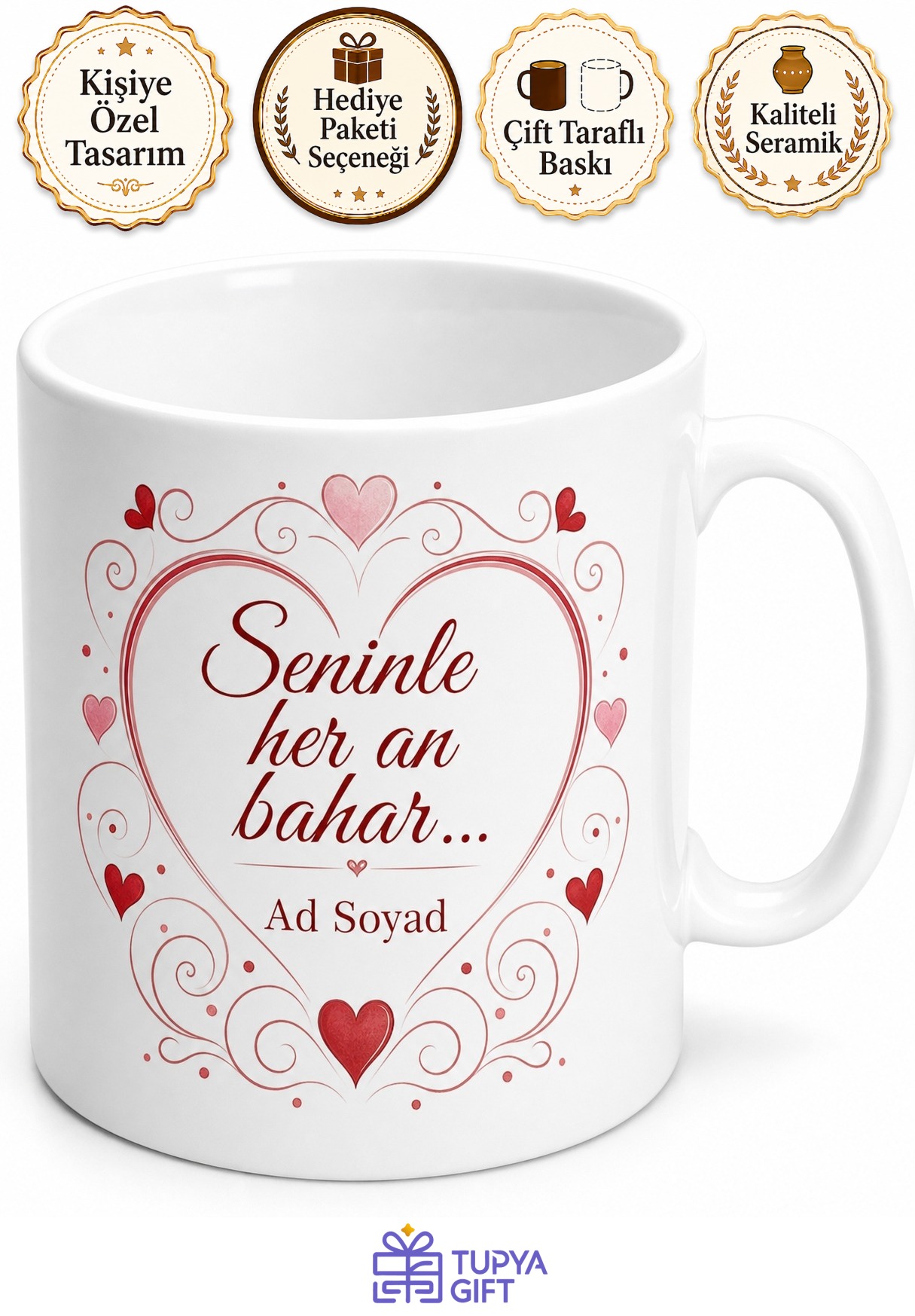Aşk Temalı Kalp Desenli Baskılı Kupa Bardak Sevgiliye Özel Hediye