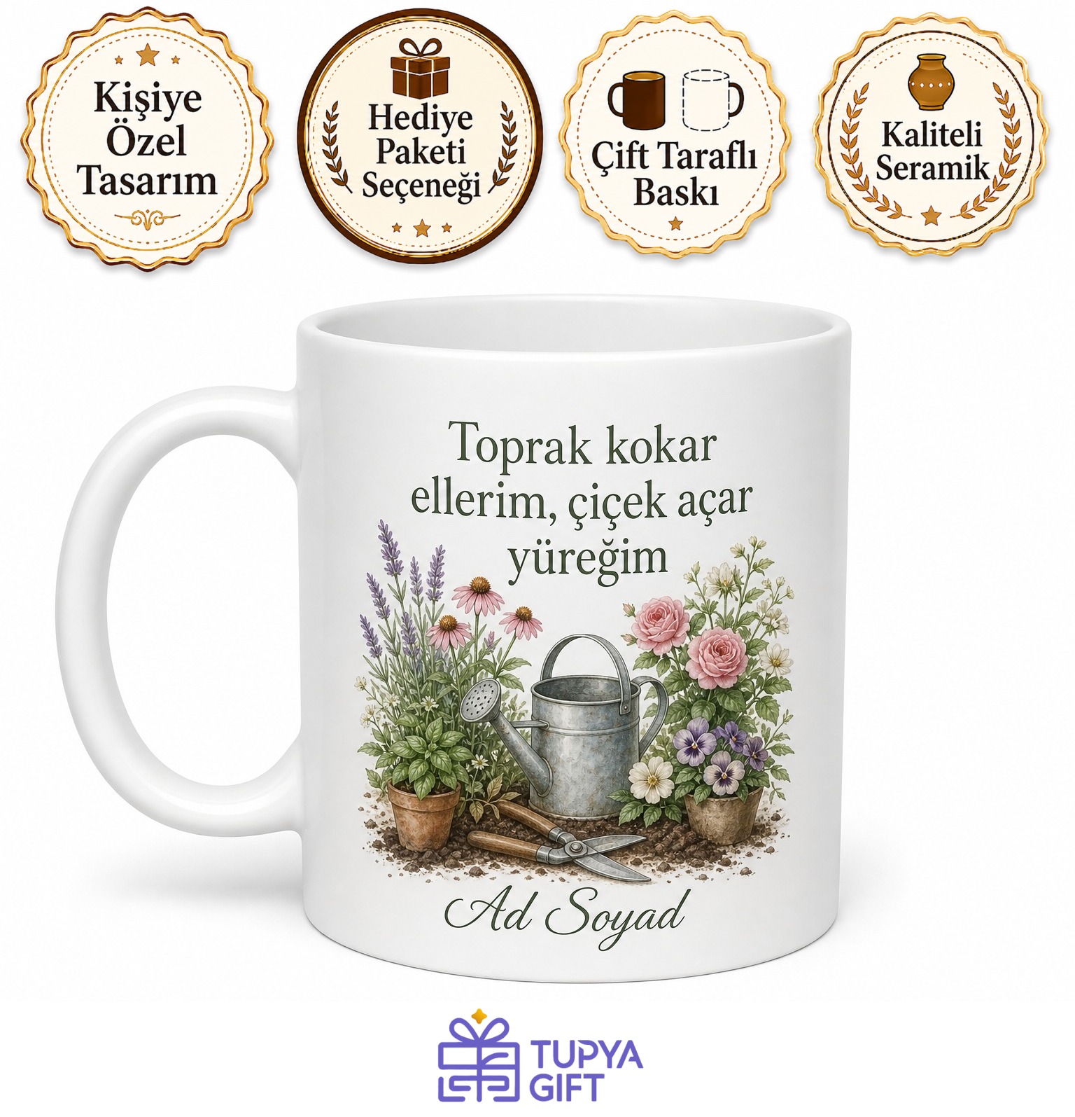 Bahçıvana Hediye Çiçek Sulama Toprak Kokusu Çim Biçme Bitki Budama Kupa Bardak