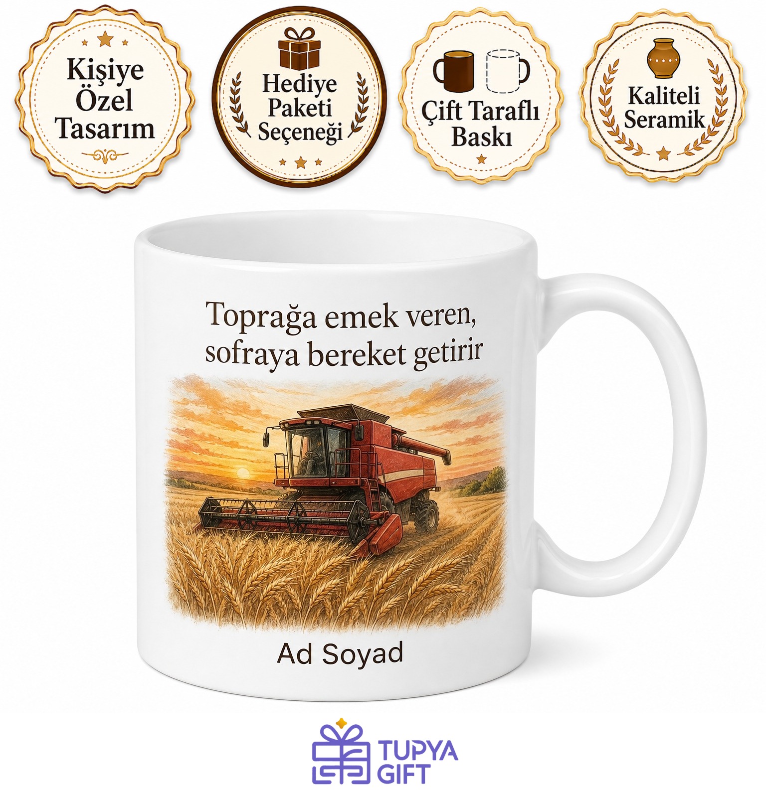 Biçerdöver Çizimli Hasat Zamanı Neşesi Buğday Tarlası Kupa Bardak Hediye