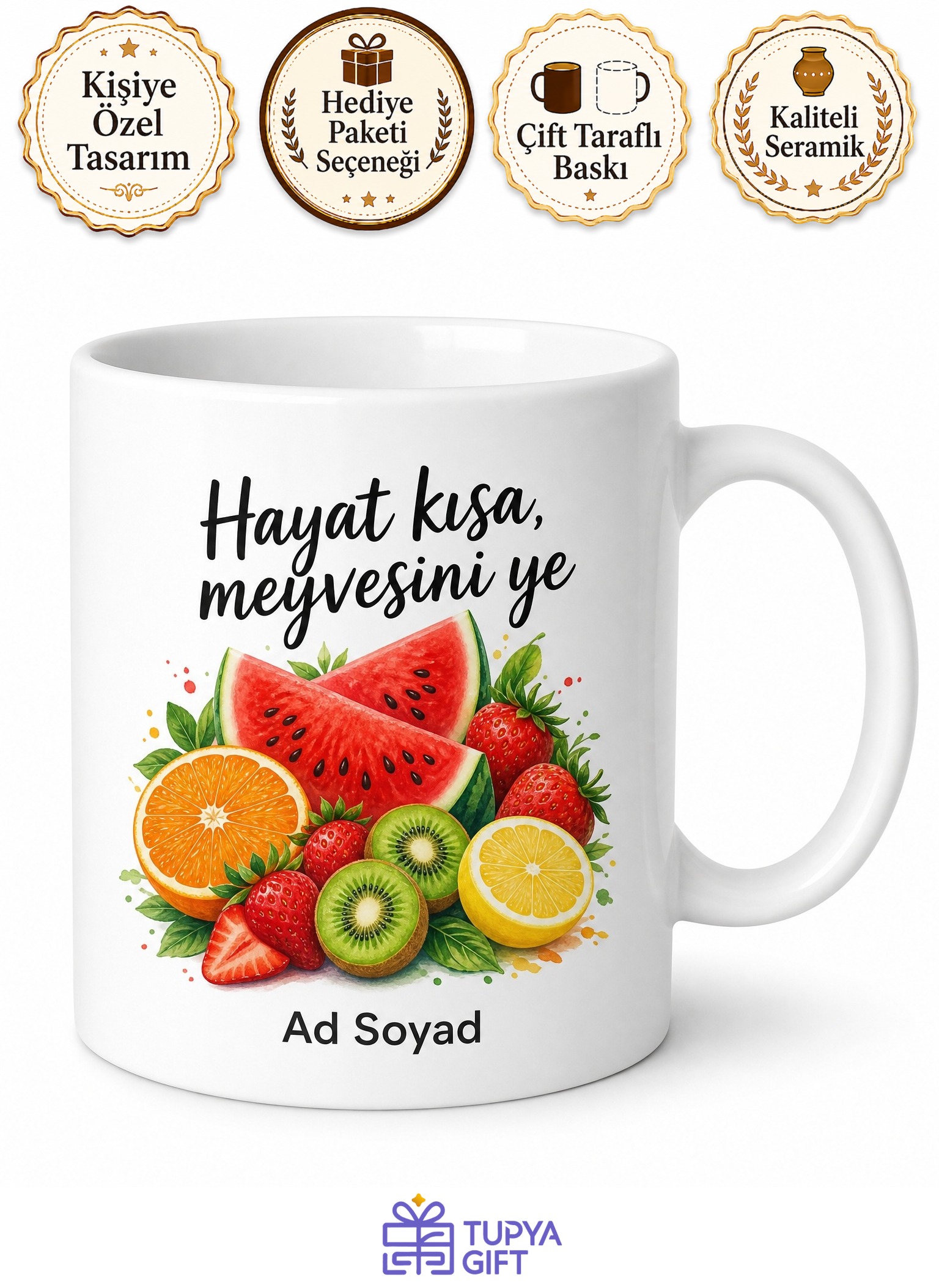 Meyve Temalı Renkli Baskılı Kupa Bardak Özel Tasarım Hediye