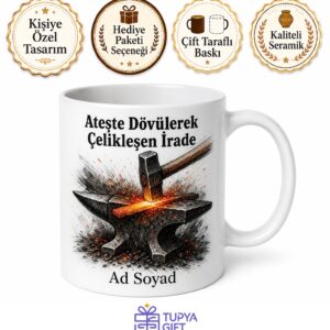 Demirci Örsü ve Çekiç Çizimli Ateşte Dövülerek Çelikleşen İrade Kupa Bardak Hediye