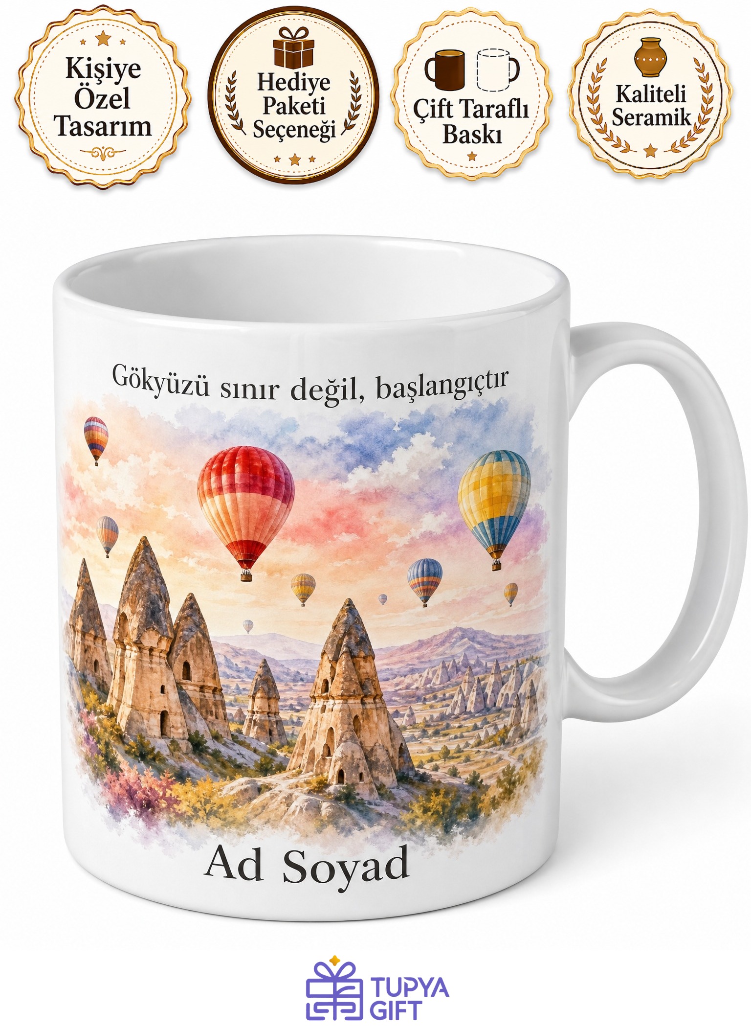 Bulutların Üzerinde Hissettiren Balon Desenli Kapadokya Kupa Bardak Hediye
