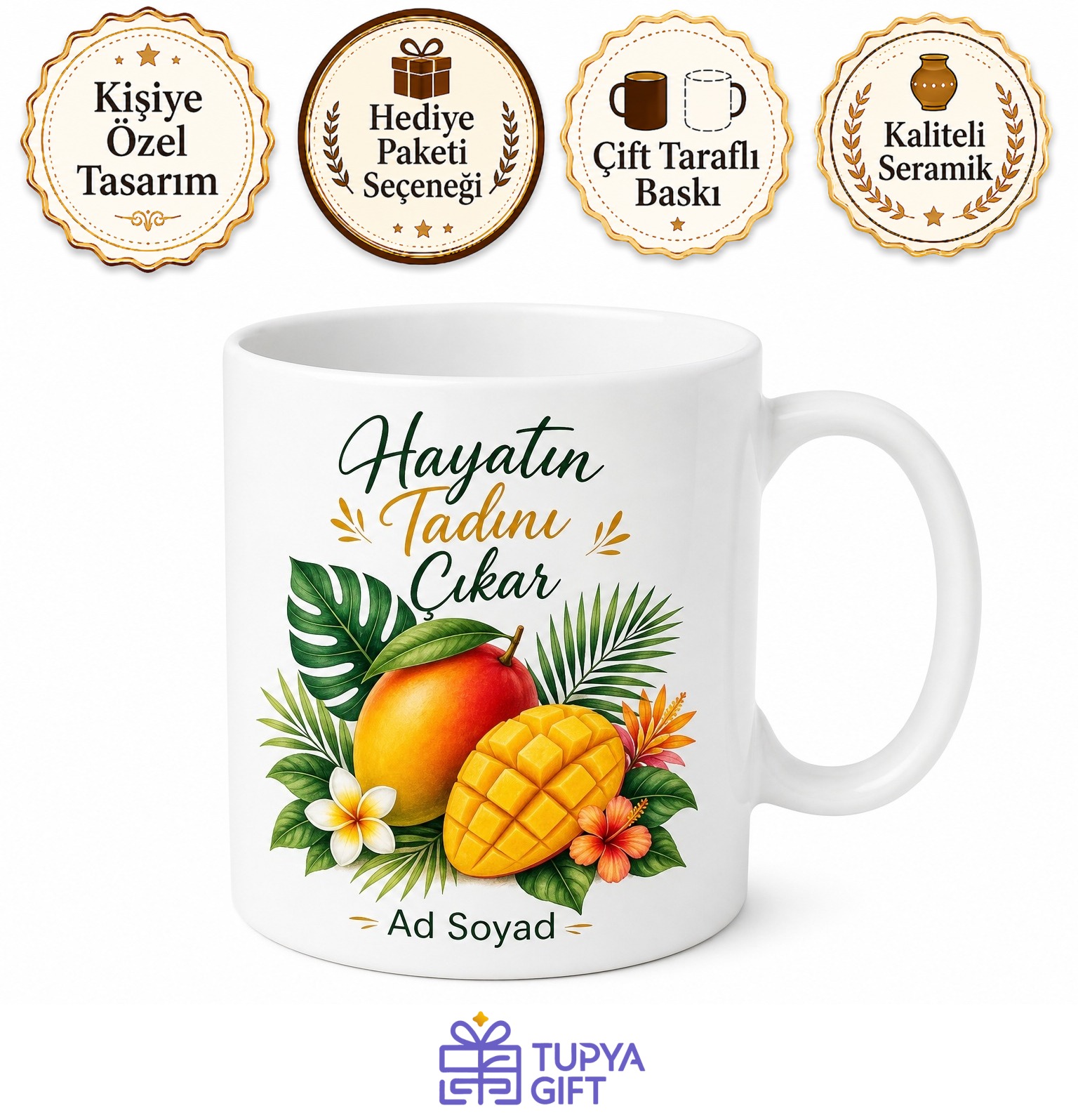 Mango Temalı Tropikal Baskılı Kupa Bardak Hediye Porselen Mug