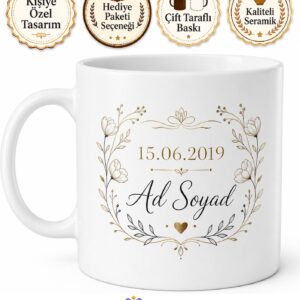 Kişiye Özel Tarih ve İsim Baskılı Kupa Bardak Hatıra Hediye