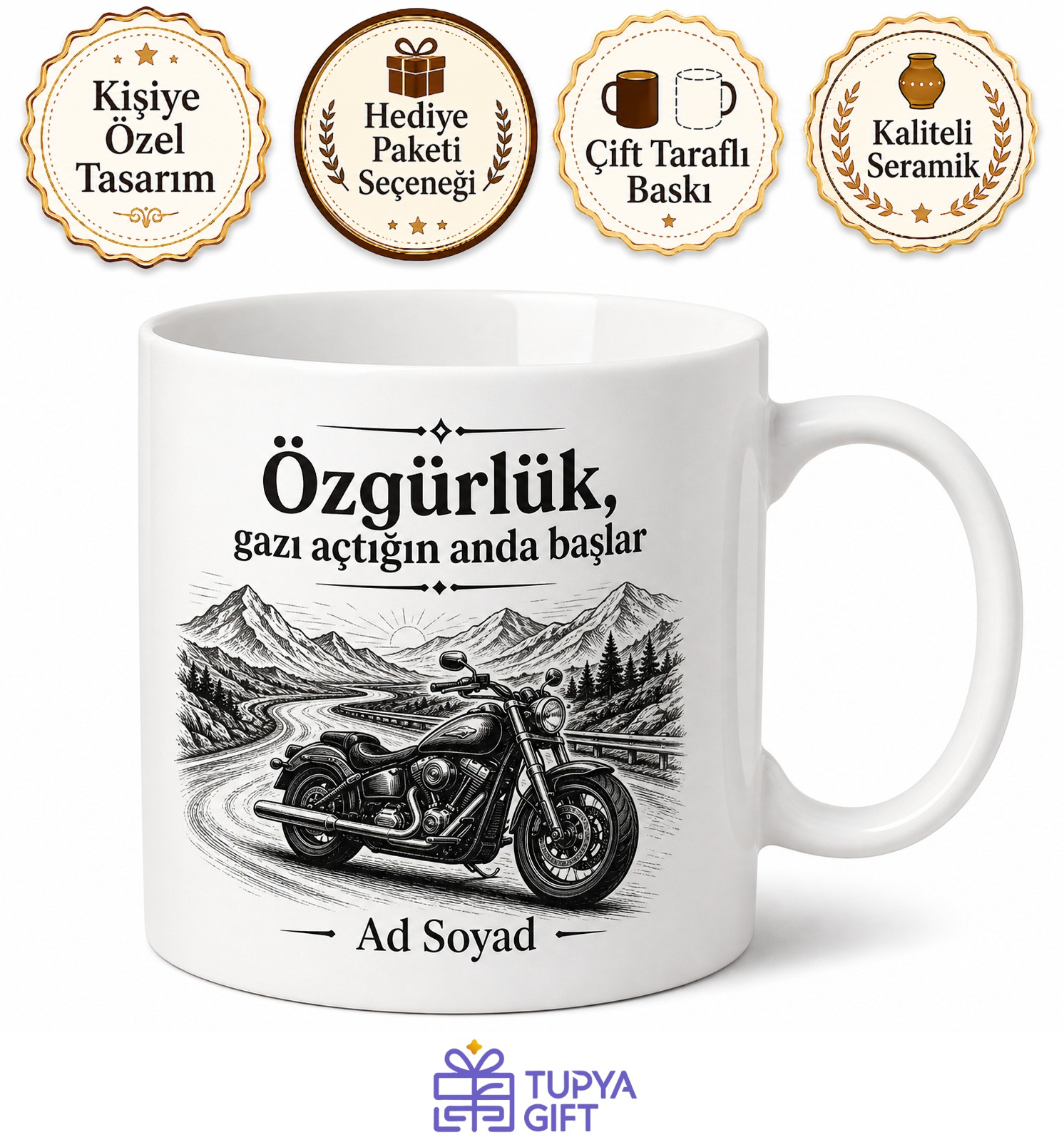 Motorsiklet Sever İçin Kişiye Özel Yol Temalı Baskılı Kupa Bardak Hediye