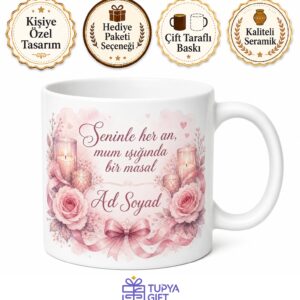 Romantik Pastel Pembe Kurdele Gül Kurusu Mum Işığı Kupa Bardak Hediye