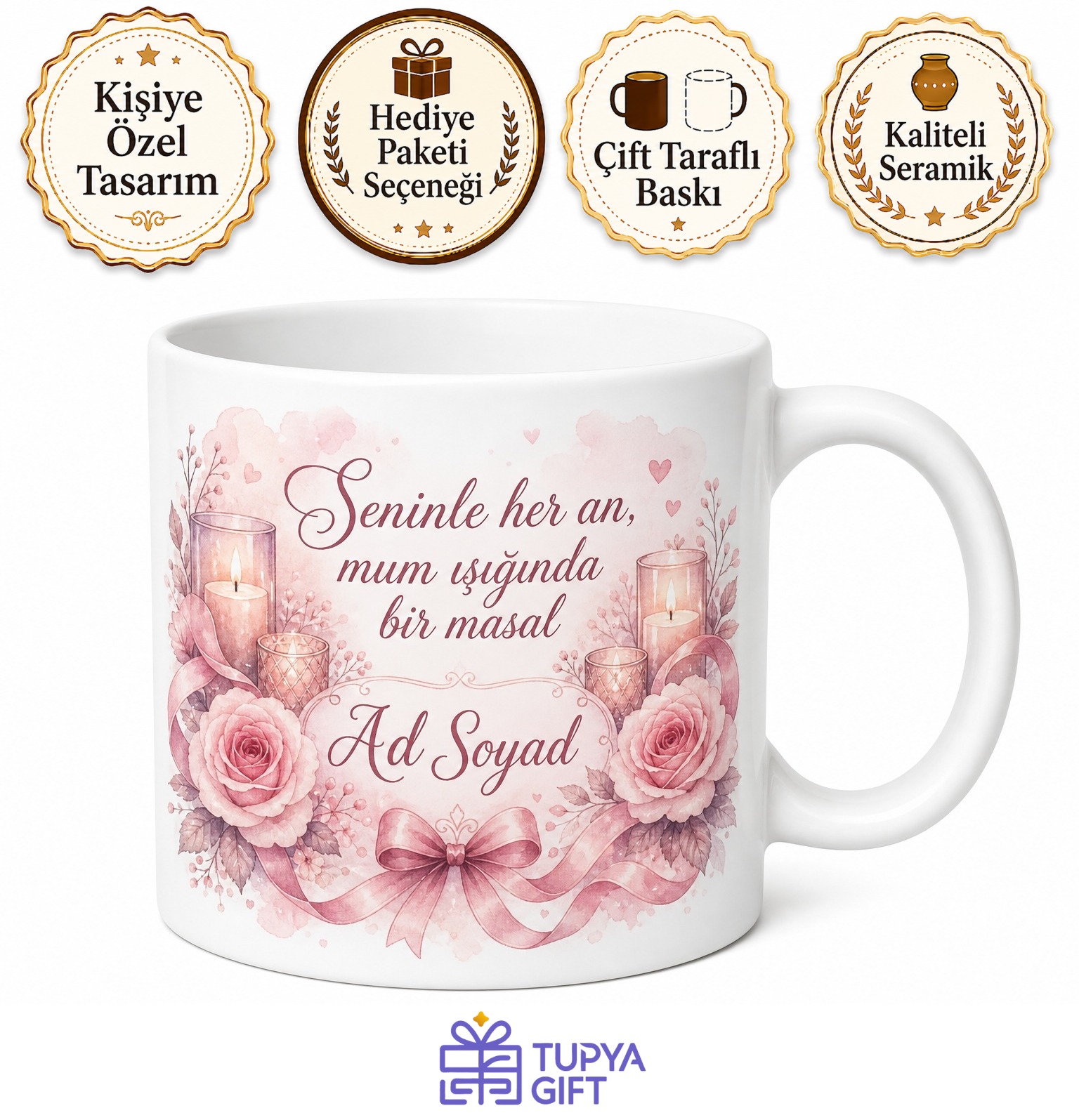 Romantik Pastel Pembe Kurdele Gül Kurusu Mum Işığı Kupa Bardak Hediye