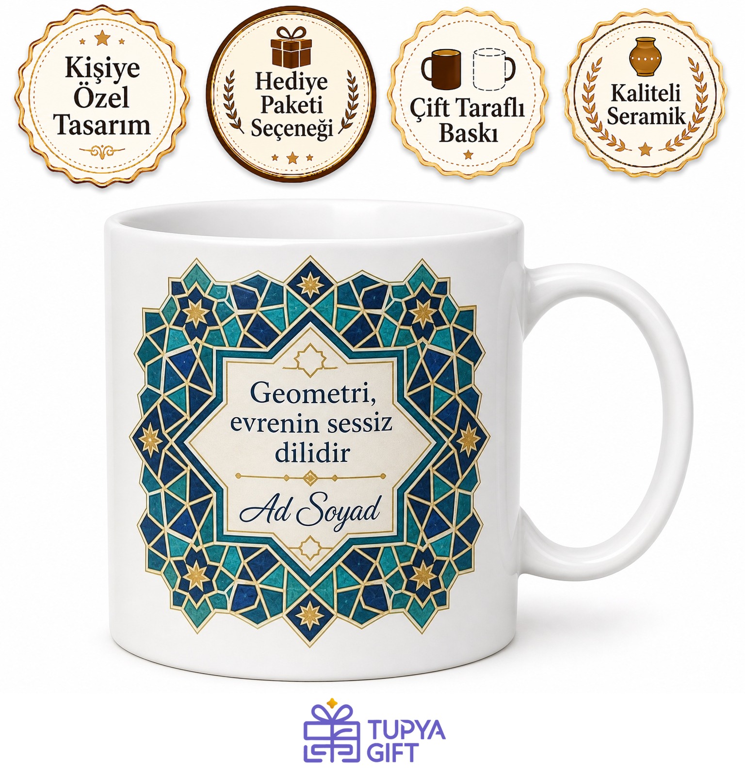 Girih Deseni Temalı Baskılı Kupa Bardak Hediye Özel Tasarım Porselen Mug