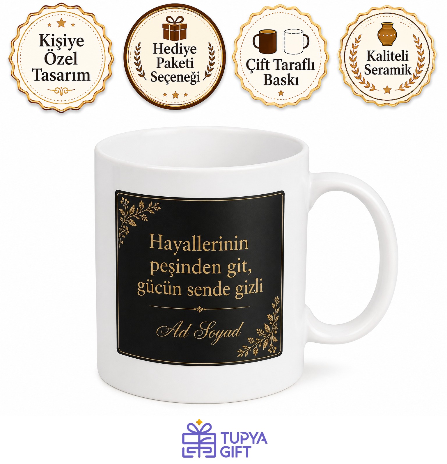 Siyah Mat Zemin Altın Harf Baskılı Lüks Kadın Kupa Bardak Özel Tasarım Hediye