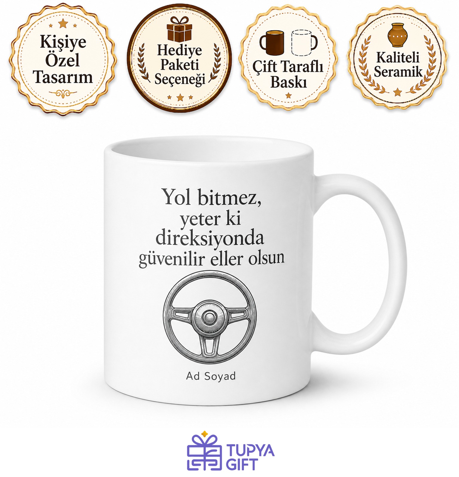 Şoföre Hediye Direksiyon Temalı Baskılı Porselen Kupa Bardak Hediye