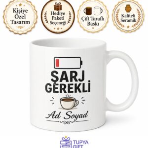 Şarj Gerekli Yazılı Komik Sabah Kupası Kahve Bardağı Hediye Baskılı Kupa