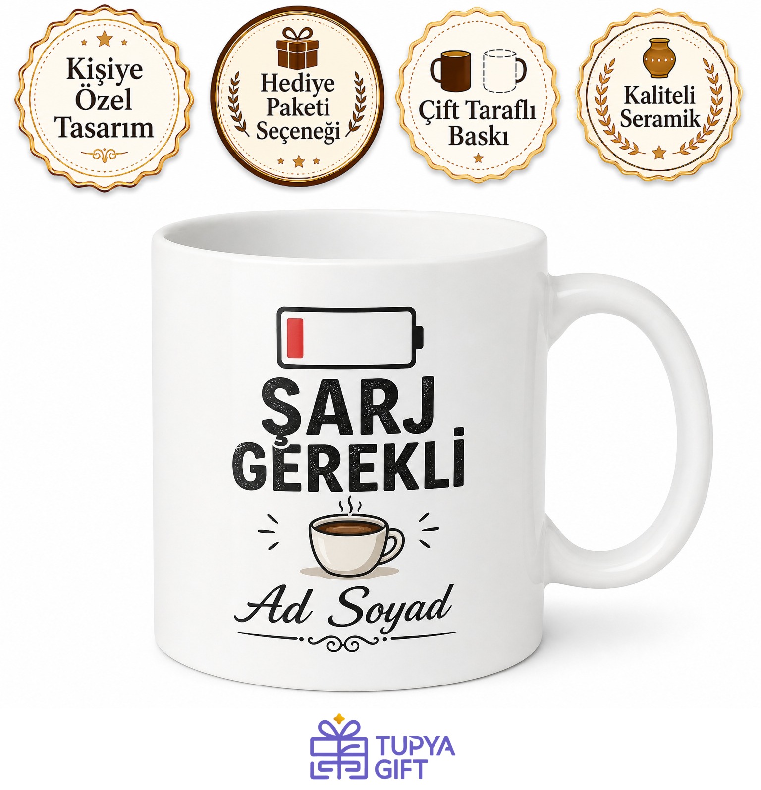 Şarj Gerekli Yazılı Komik Sabah Kupası Kahve Bardağı Hediye Baskılı Kupa