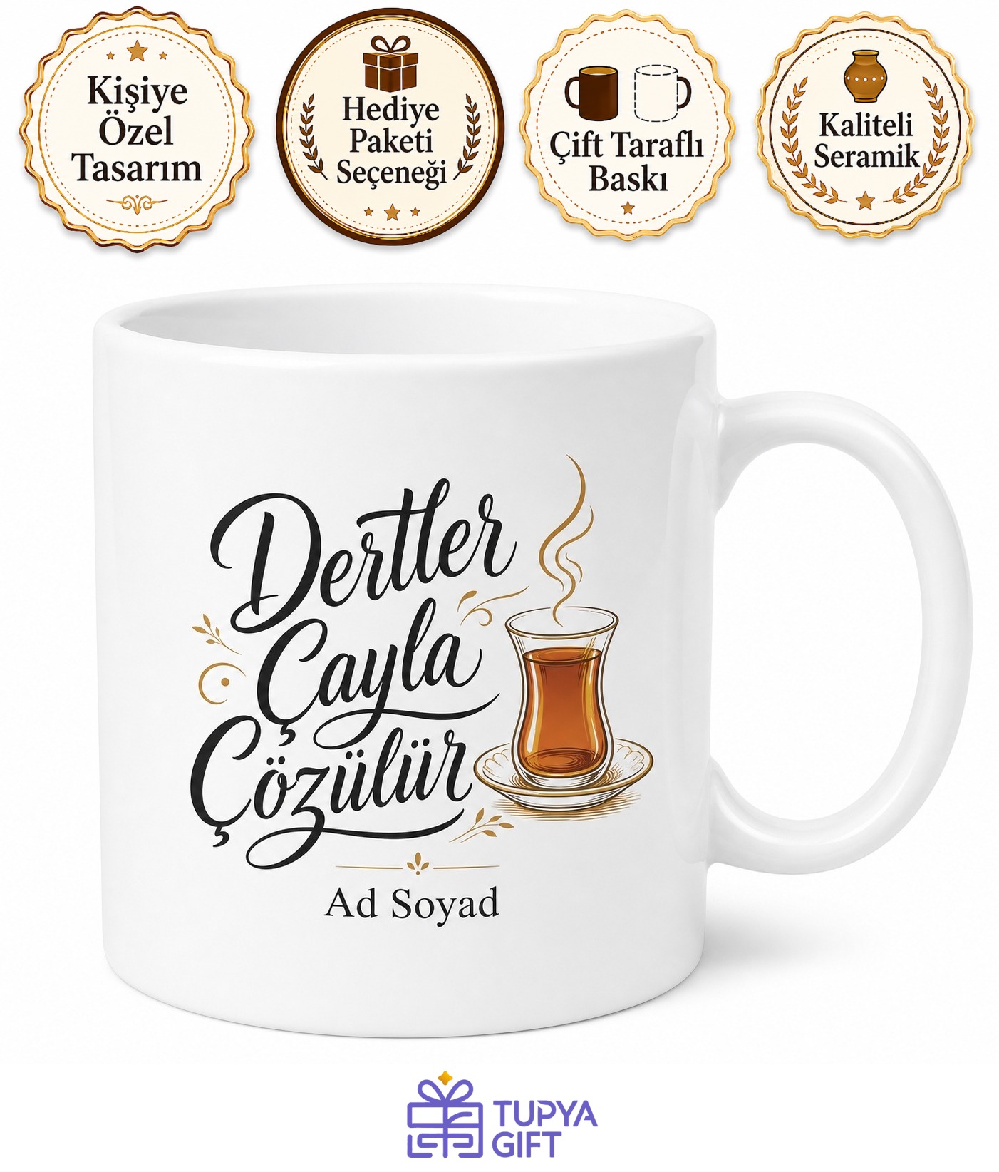 Dertler Çayla Çözülür Yazılı Kupa Bardak Özel Tasarım Hediye Çay Kupası