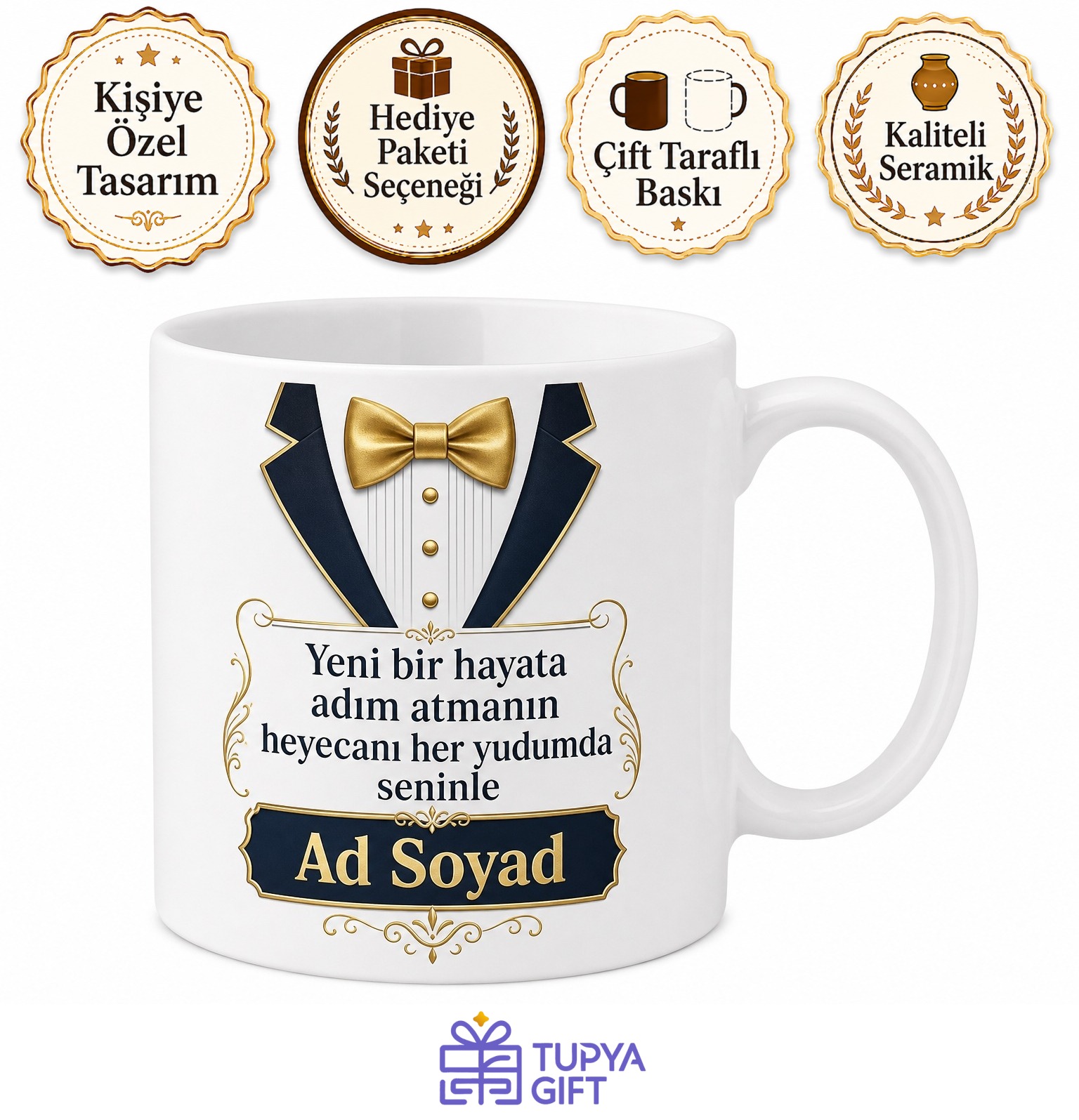 Damat Adayı Kupası Baskılı İsme Özel Hediye Kupa Bardak Nişan Düğün